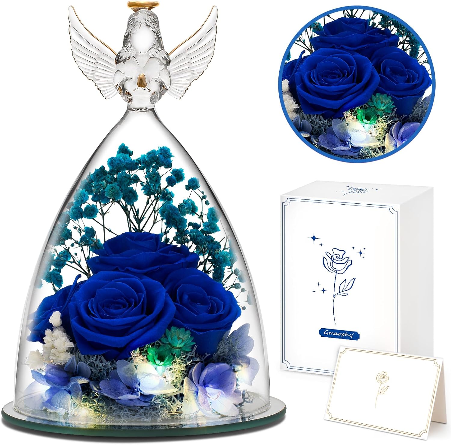 Mom Gifts from Daughter Son, Mothers Day Rose Gifts for Mom Grandma Women Wife, Angel Figurines with Real Blue Rose Gifts for Her, Mother's Day Flower Gift Ideas, Preserved Rose in Glass for Birthday