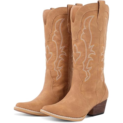 RLW Cowboy Boots for Women Cowgirl Boots Classic Knee-High Western Boots Pointy Toe with Comfortable Chunky Heel