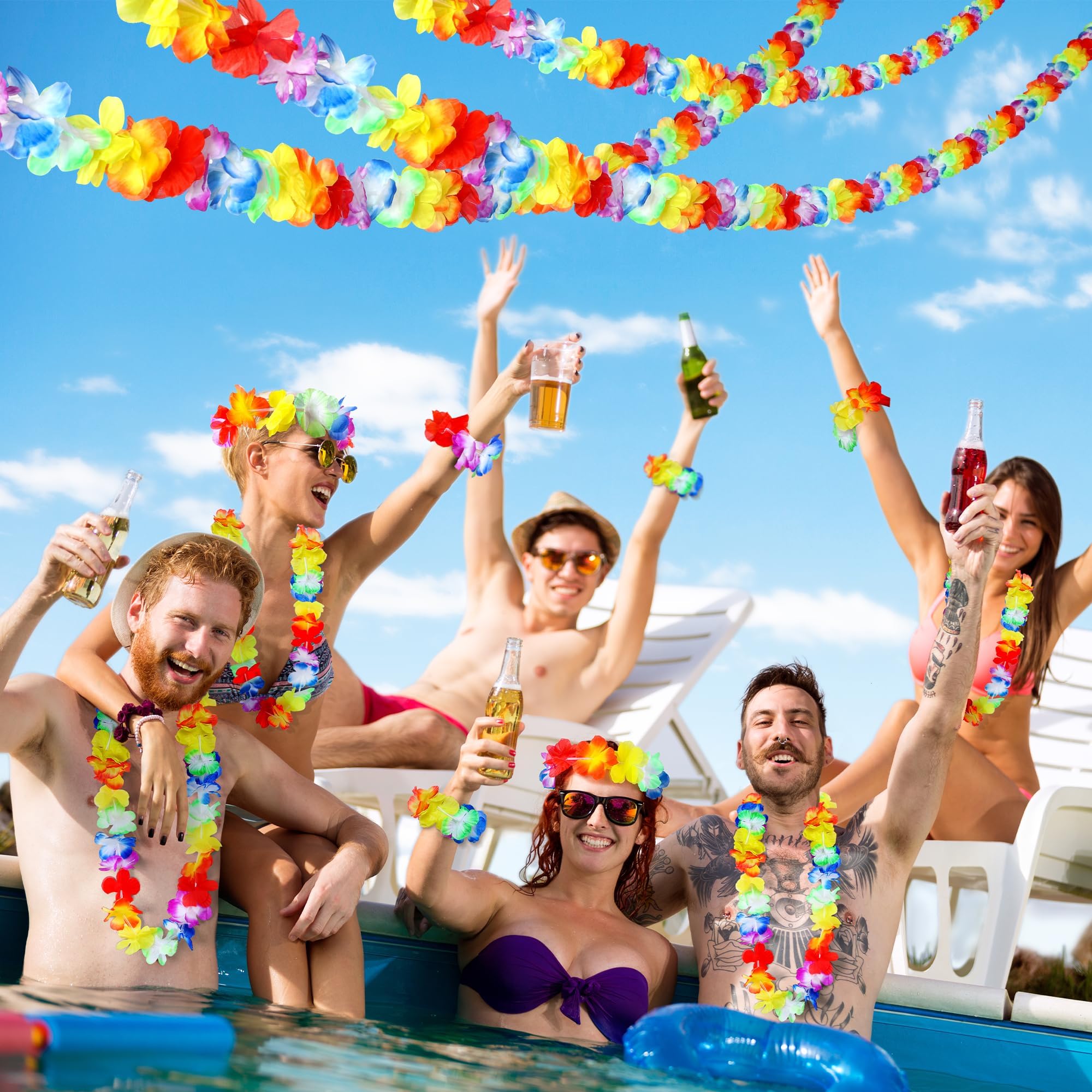 Fovths 8 Stück je 3 m lange hawaiianische tropische Blumen-Girlande, Jumbo, mehrfarbig, Hibiskusblume, Banner, Sommer, Strand, Tiki, Party, Hawaii, Luau-Dekorationen