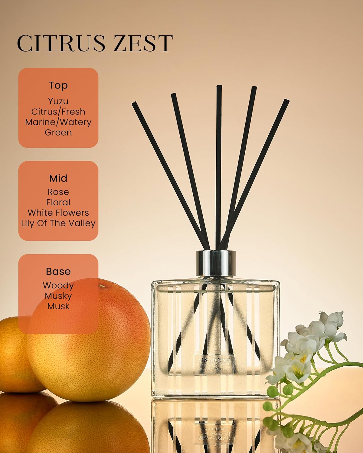 M&SENSE Citrus Zest Scent Diffuser - 7.04oz Reed Diffusers for Home, Scented Diffuser Gifts for Women, Home Fragrance Diffusers with Sticks for Bathroom Bedroom & Shelf Décor - Image 2