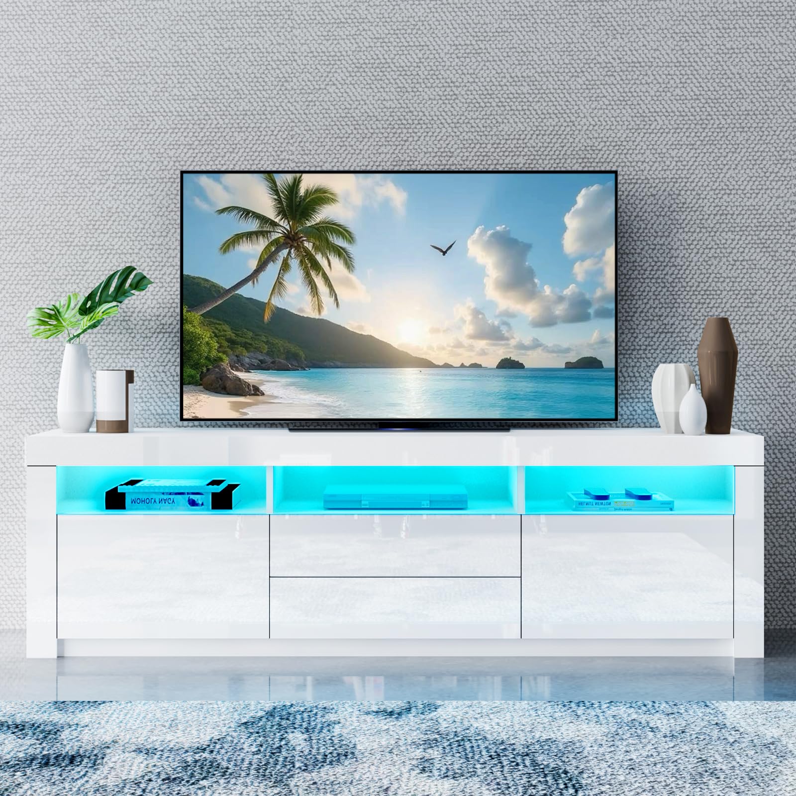 TV Cabinet, White Gloss TV Stand Unit with Led Lights, Modern TV Stand Storage with 2 Drawers 2 Doors, TV Entertainment Unit for Living Room Furniture Decor, 160x35x60cm