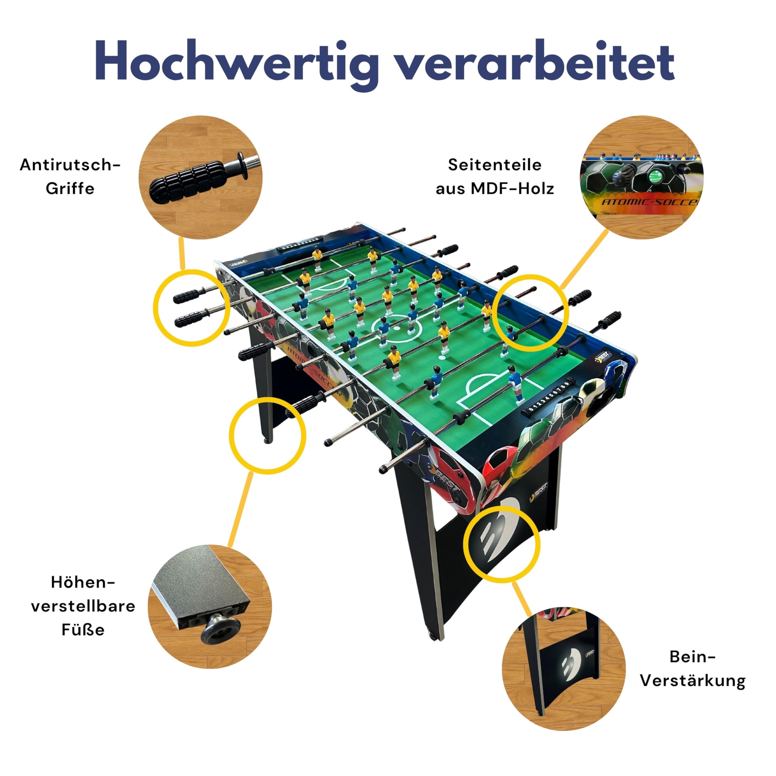 BEST SPORTING Tischkicker Kinder & Erwachsene | Kickertisch Spiele, Tischfussball & Fußball Spielzeug – inklusive 2 Kickerbälle, höhenverstellbare Füße, Antirutsch-Griffe, Atomic-Soccer Design