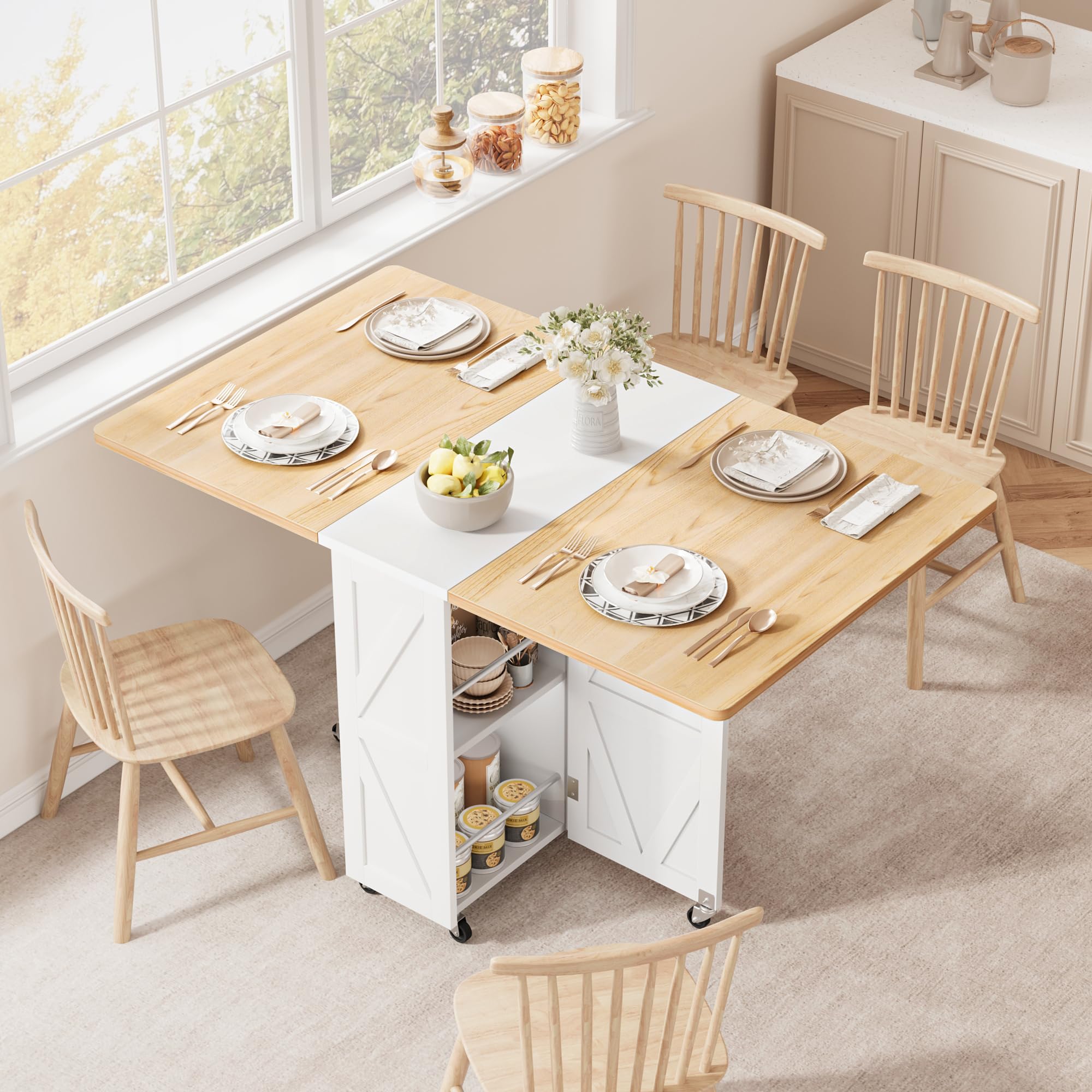 Jocoevol Table à Manger Pliante sur roulettes, Table De Cuisine avec Tiroir Et Espace De Rangement pour 2 À 4 Personnes, Idéale pour Petits Espaces, Salles À Manger Et Cuisines (Érable Blanc)