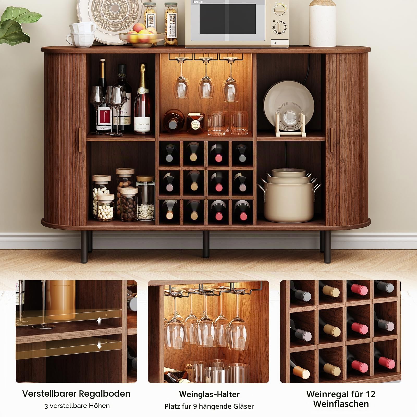 ONBRILL 140 cm Weinbar-Schrank mit LED-Licht, moderne Whiskey-Kaffeestation mit Weinregal und Glashalter, Bauernhaus-Buffet-Sideboard mit Stauraum für Wohnzimmer, Küche, Eingangsbereich (Walnuss)