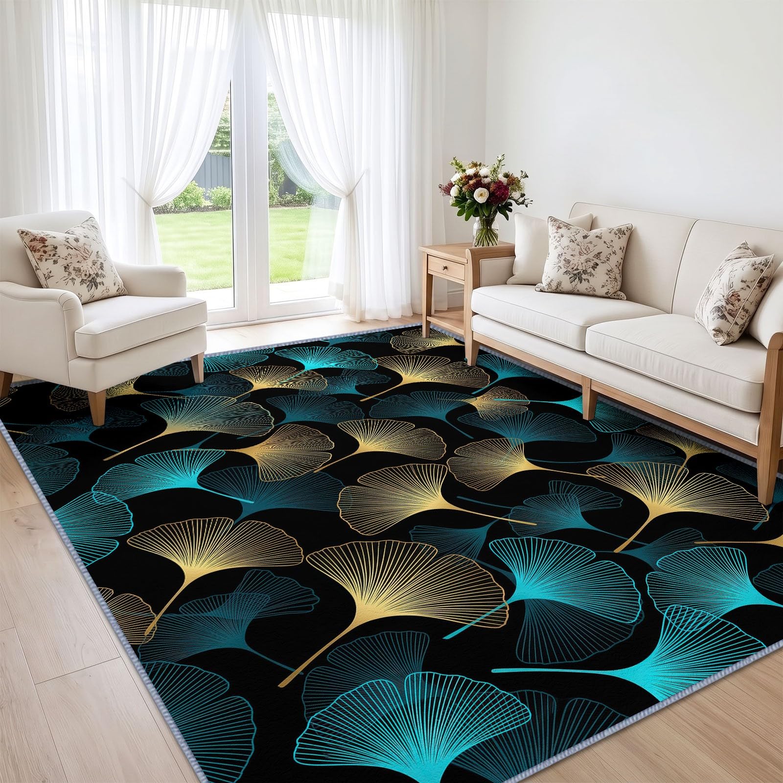Waschbarer Wohnzimmerteppich 180 x 240 cm Abstrakt Fächerförmig Pflanze Ginkgoblatt Flauschig Weich Teppiche, Gelb Blau rutschfest Pflegeleicht Teppiche für Wohnzimmer Schlafzimmer Kinderzimer