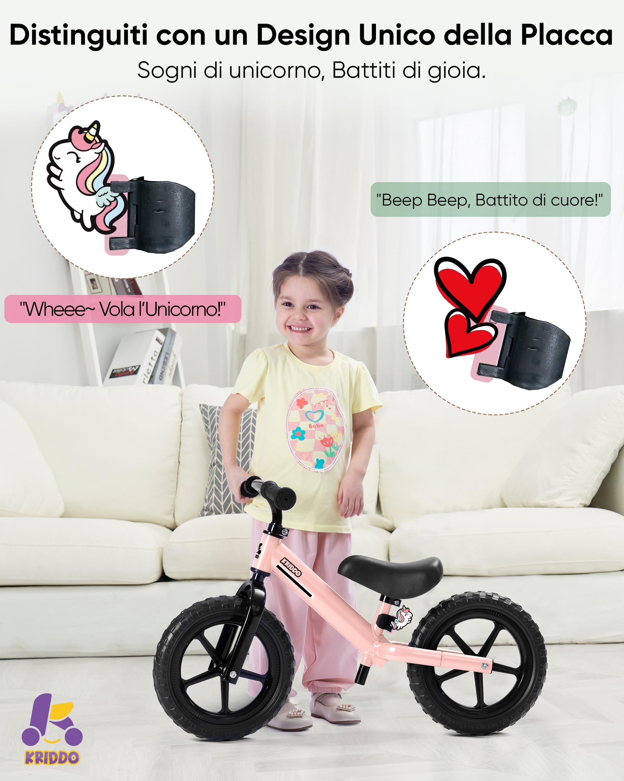 KRIDDO Bicicletta senza pedali per bambini dai 2 ai 5 anni, doppio cuscinetto per una guida più fluida, adorabile piastra, sedile e manubrio regolabili, regalo per bambini dai 2 ai 3 anni