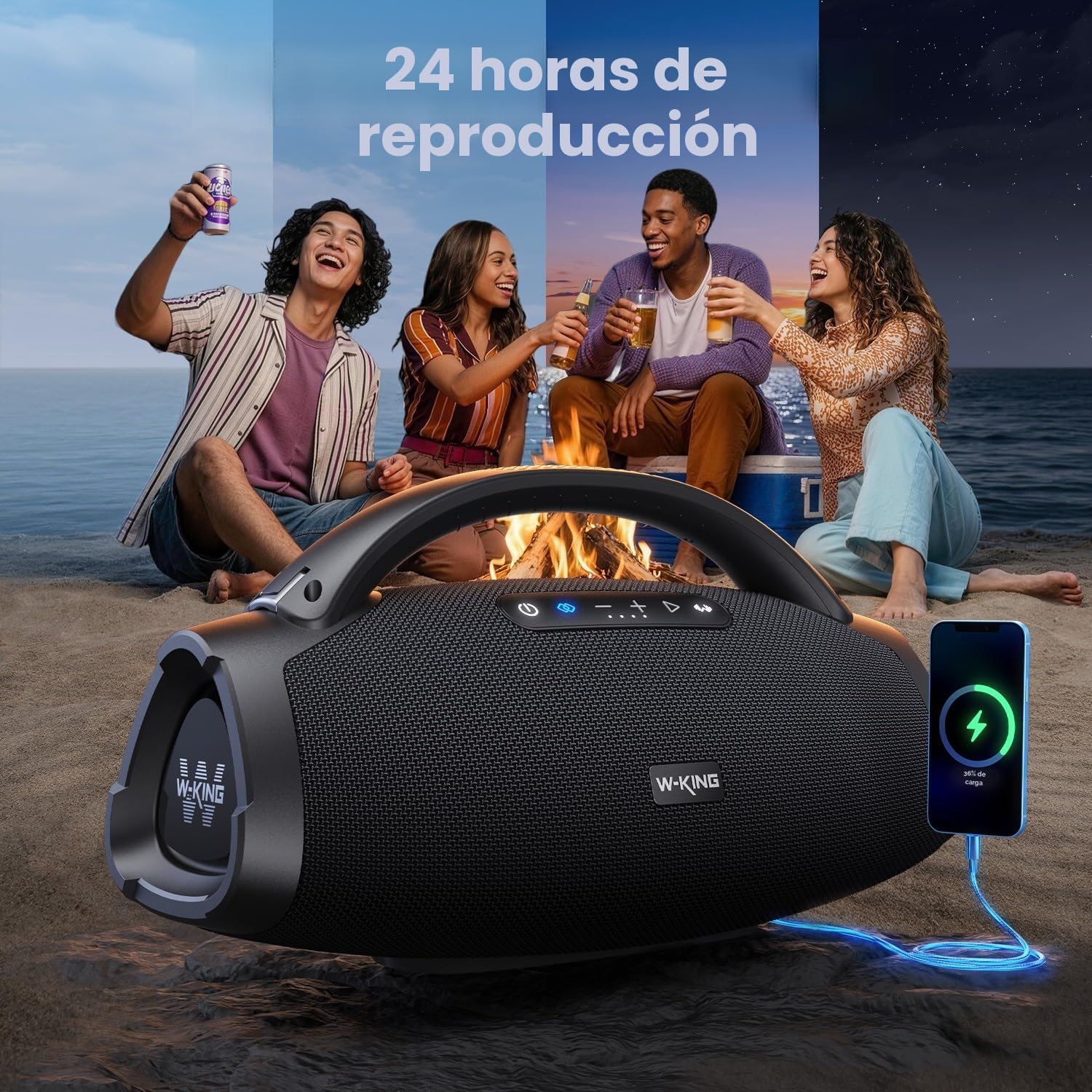 W-KING 330W Peak 200W RMS Altavoz Bluetooth portátil, Grande Caja De Música, Boombox Portátil Ruidoso Supergraves, Speaker con EQ App/Bluetooth 5.4/IPX7/PowerBank/Carga Rapida/USB/AUX/30H/Guitare-IN