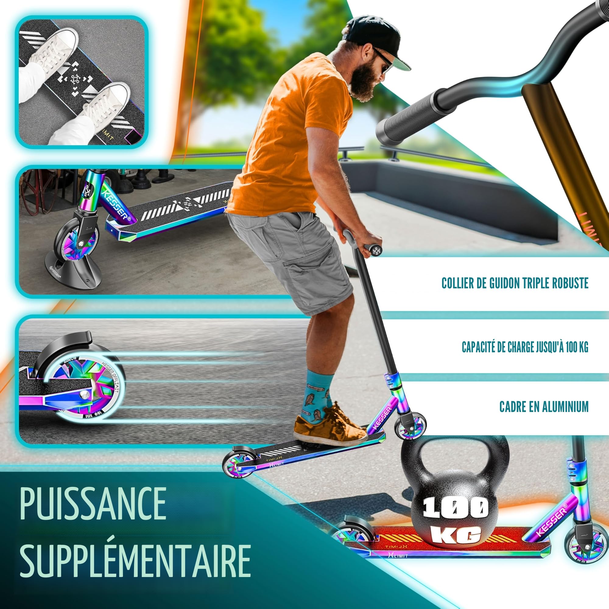 KESSER® Trougetinette de Freestyle X-Limit-Pro 360Ḟ Direction trougetinette Funscooter trougetinette de Freestyle avec béquille ABEC 9 roulements à Billes, Roues en PU 110 mm,