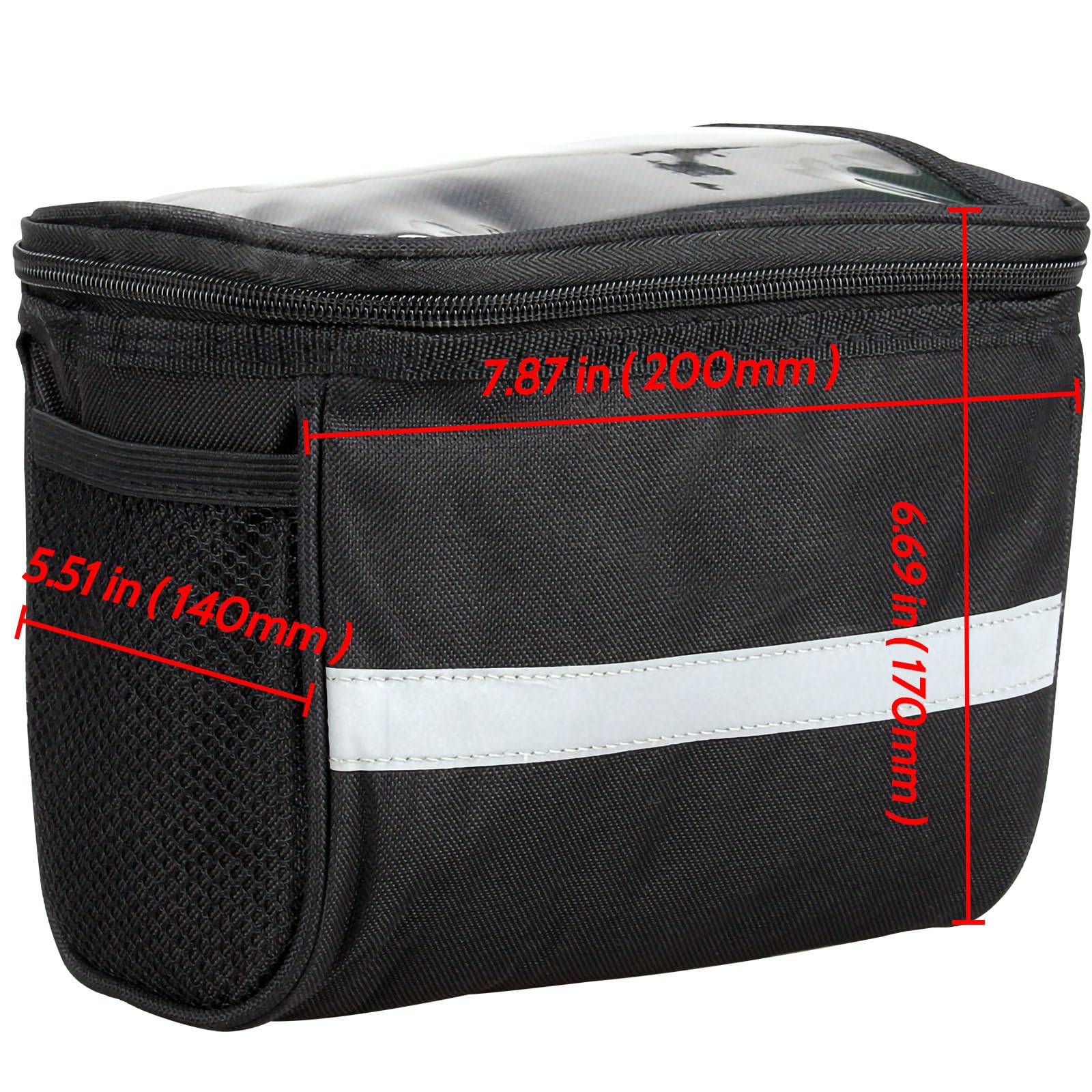 Borsa da manubrio per bicicletta, borsa anteriore per bicicletta, con strisce riflettenti, borsa per telaio della bici, borsa portaoggetti professionale, accessori per bici (nero)