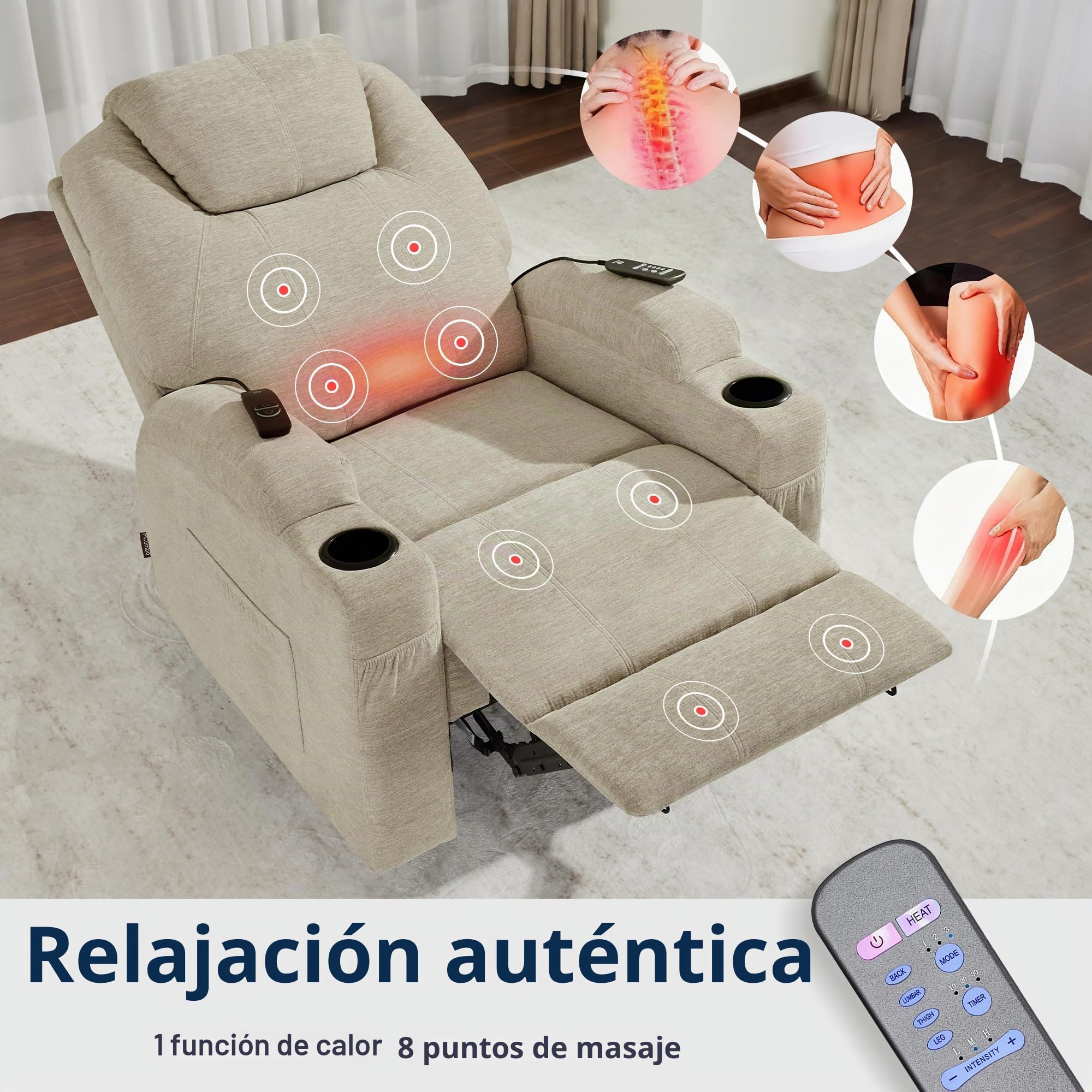 M MCombo Relax Eléctrico Masaje Sillón TV Función Reclinable Calefacción por Vibración Nuevo Modelo 7061(Tela-Beige)