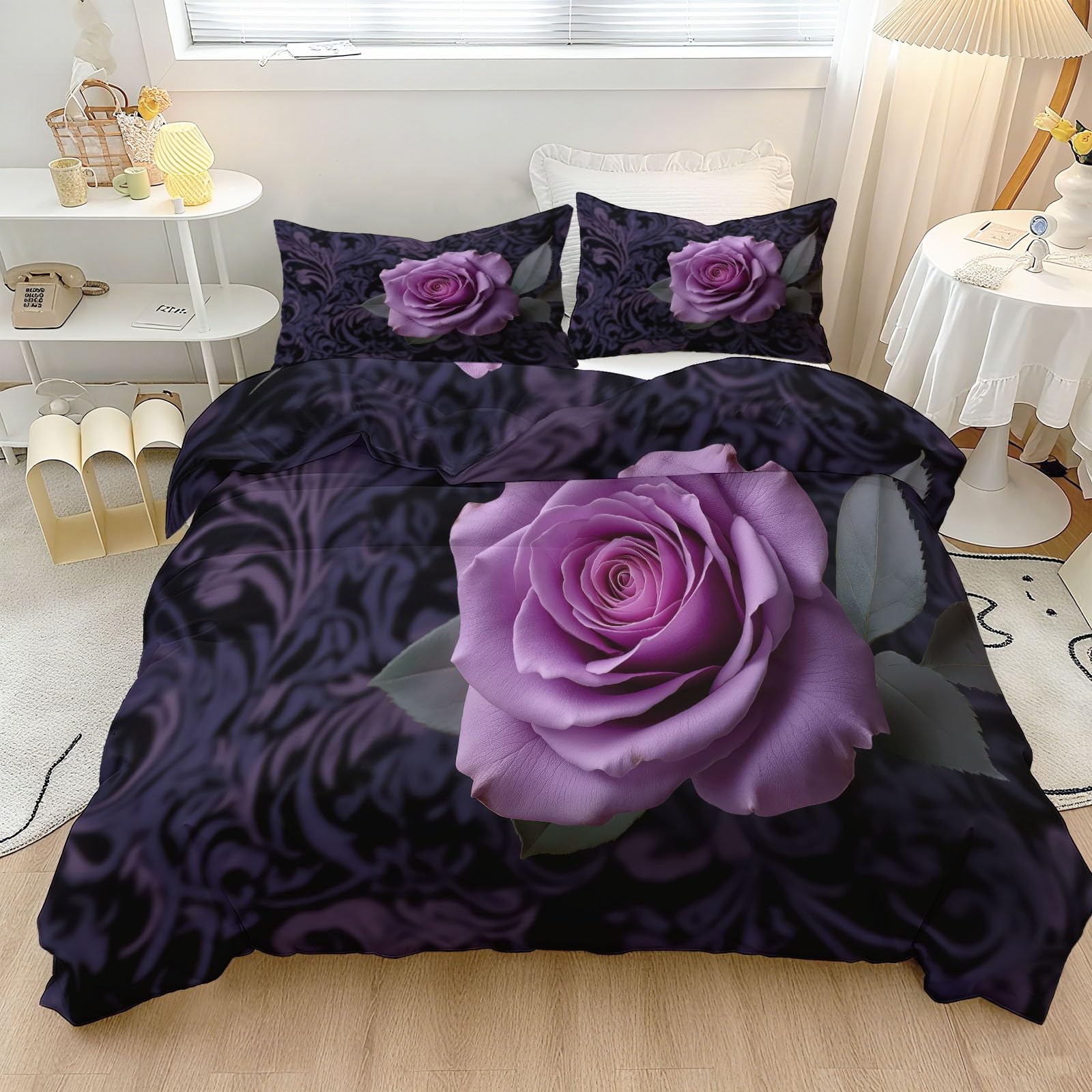 Liliowa ekskluzywna poszewka na kołdrę z wzorem Romance Purple Rose 200 x 200 cm z 2 poszewkami na poduszkę 80 x 80 cm, do sypialni rodziców