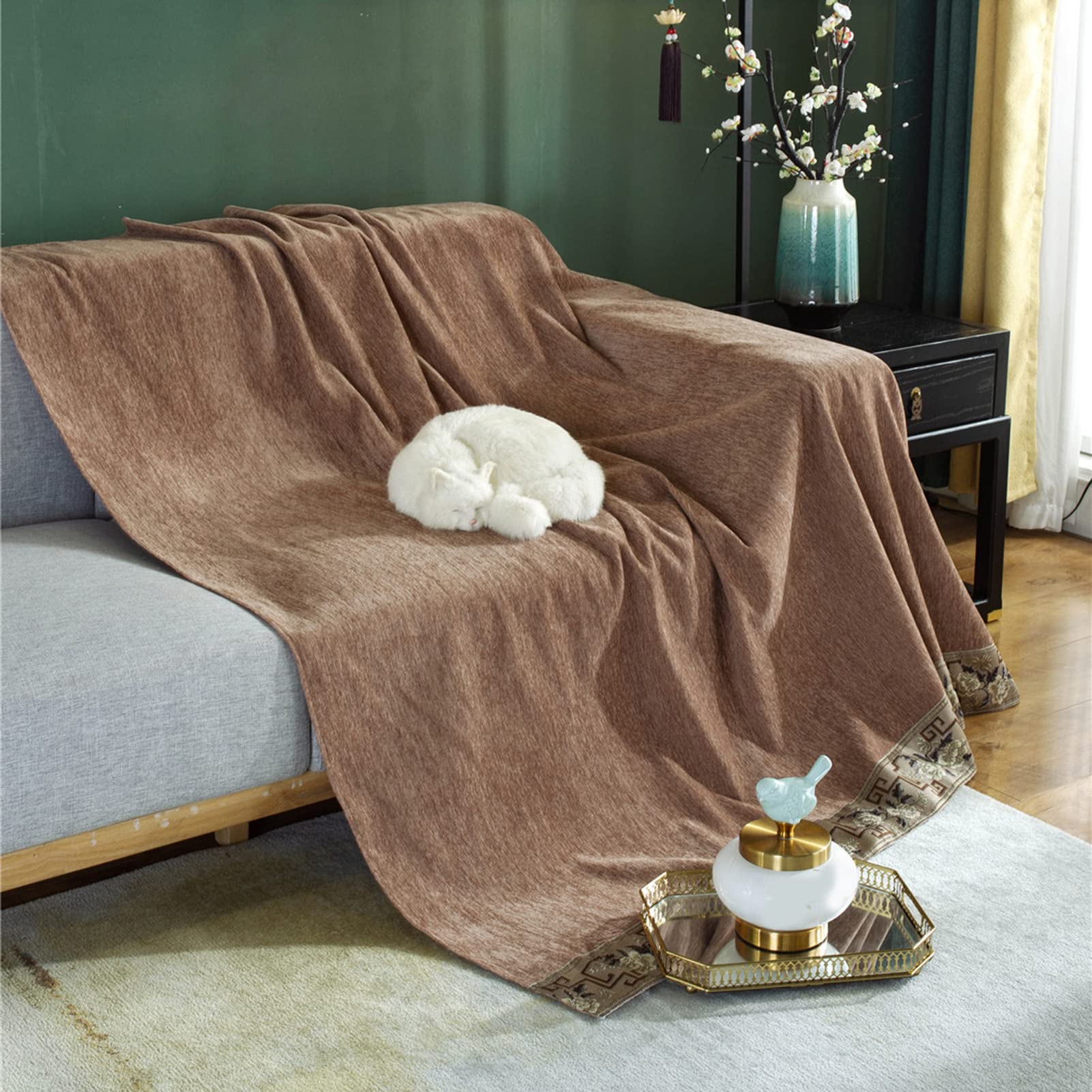 Coperta in ciniglia, testurizzata, morbida, accogliente, calda, per divano, letto, poltrona, copriletto (caffè, 180 x 380 cm)