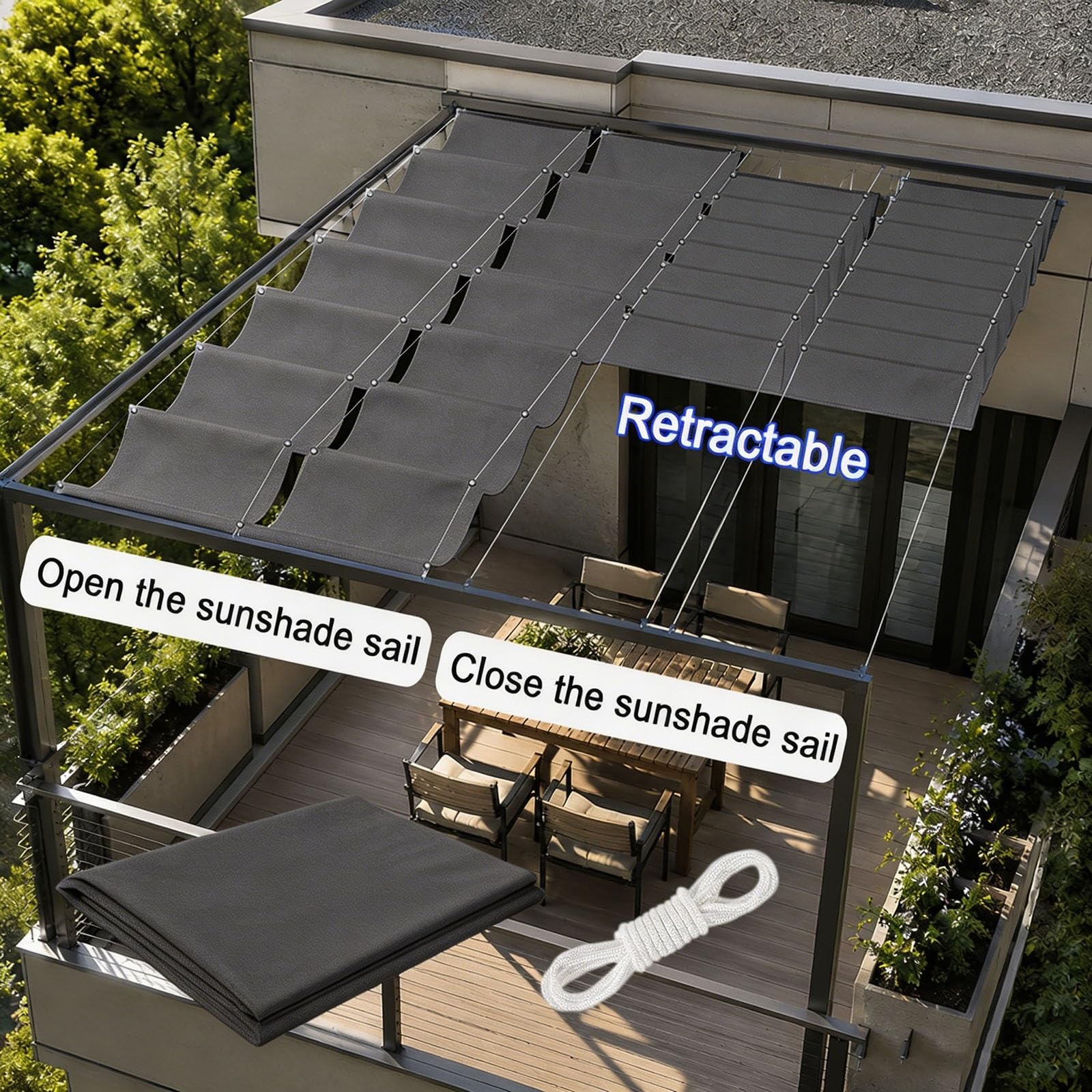 Einziehbar Welle Sonnensegel 1.5 x 2.5 m PES Markisenstoff Sonnenschutz Wasserdicht Stabil Windabweisend Verstellbar Welle Markisenstoff für Balkon Terrasse Garten, Dunkelgrau