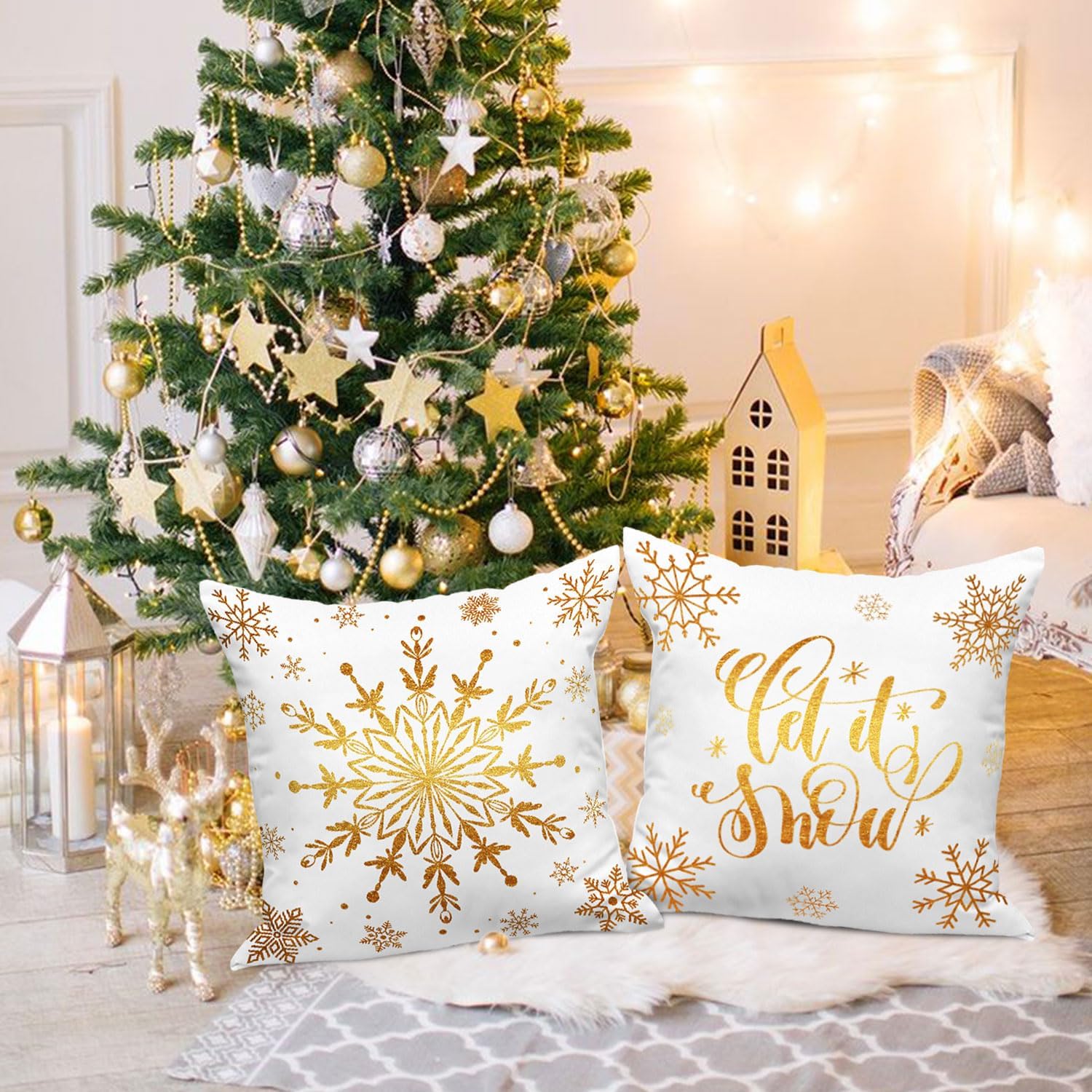 Lanpn White and Gold Bronzing Christmas Throw Pillow Covers 24x24 Set of 4, 24 inch Decorative Xmas Cushion Covers Pillow Cases 24 x 24 for Home Bedroom Room Holiday Couch Decor Decorations