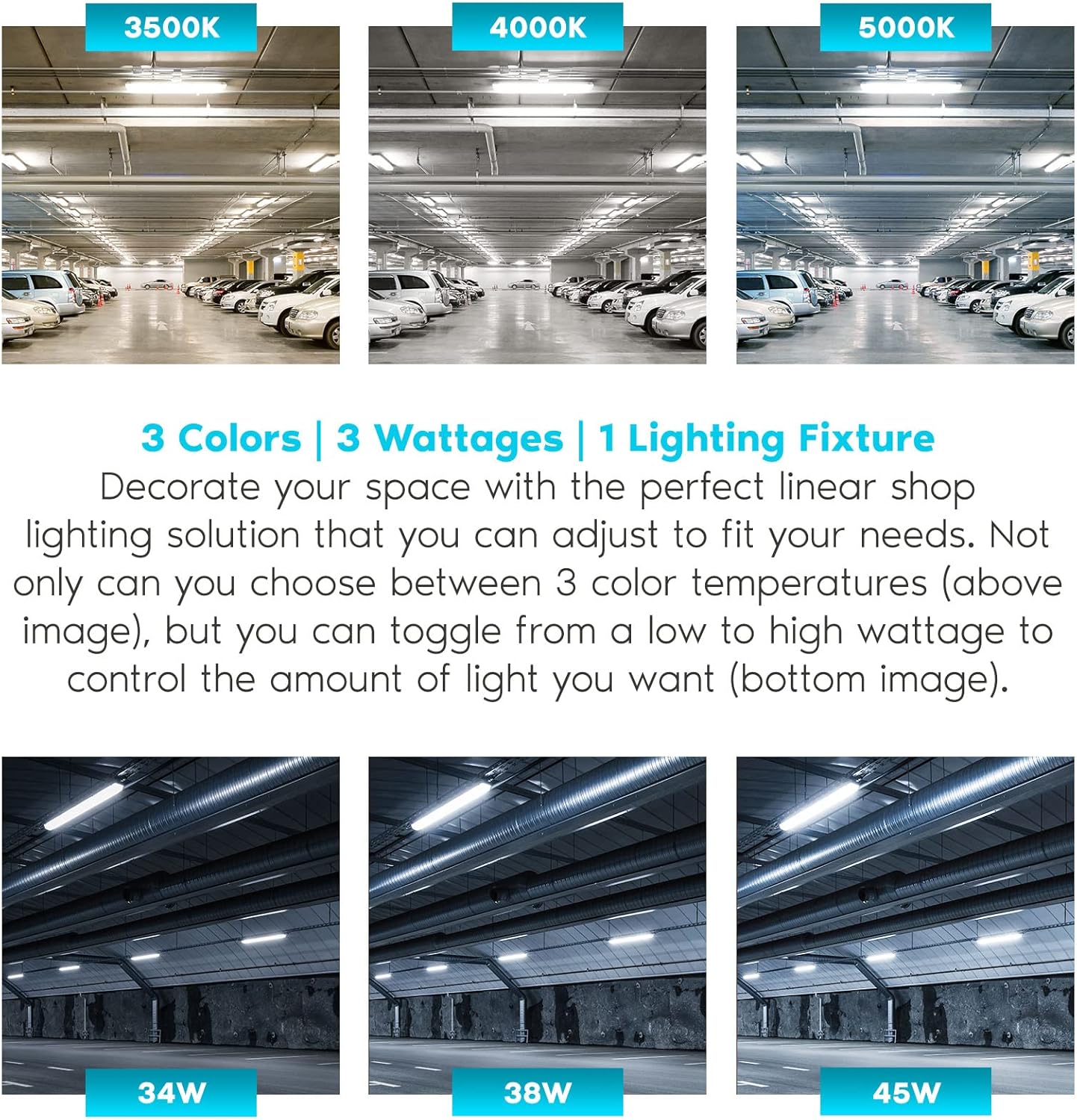 LUXRITE 4FT Vapor Tight LED Light Fixture, 34/38/45W, 3 Color Selectable 3500K-5000K, 4658/5092/5895 Lumens, IP65 Vapor Proof Light Fixture, Dimmable, 4 Foot Outdoor Shop Light, DLC, UL Listed
