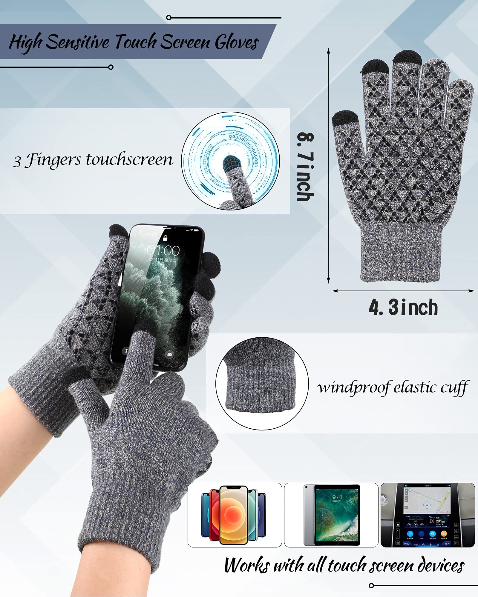 6 Stück Damen Herren Winter Warm Strickmütze Touchscreen Handschuhe Schal Set Fleece Futter Schädel Kappen Hals Schals