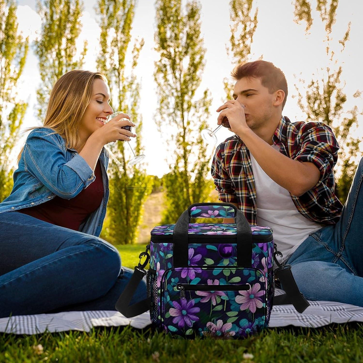 Large-Capacity Oxford Cloth Purple Camellia Printed Camping Ice Bag, Outdoor Portable Insulation and Cold Storage Bag, Enjoy A Cool Camping Time