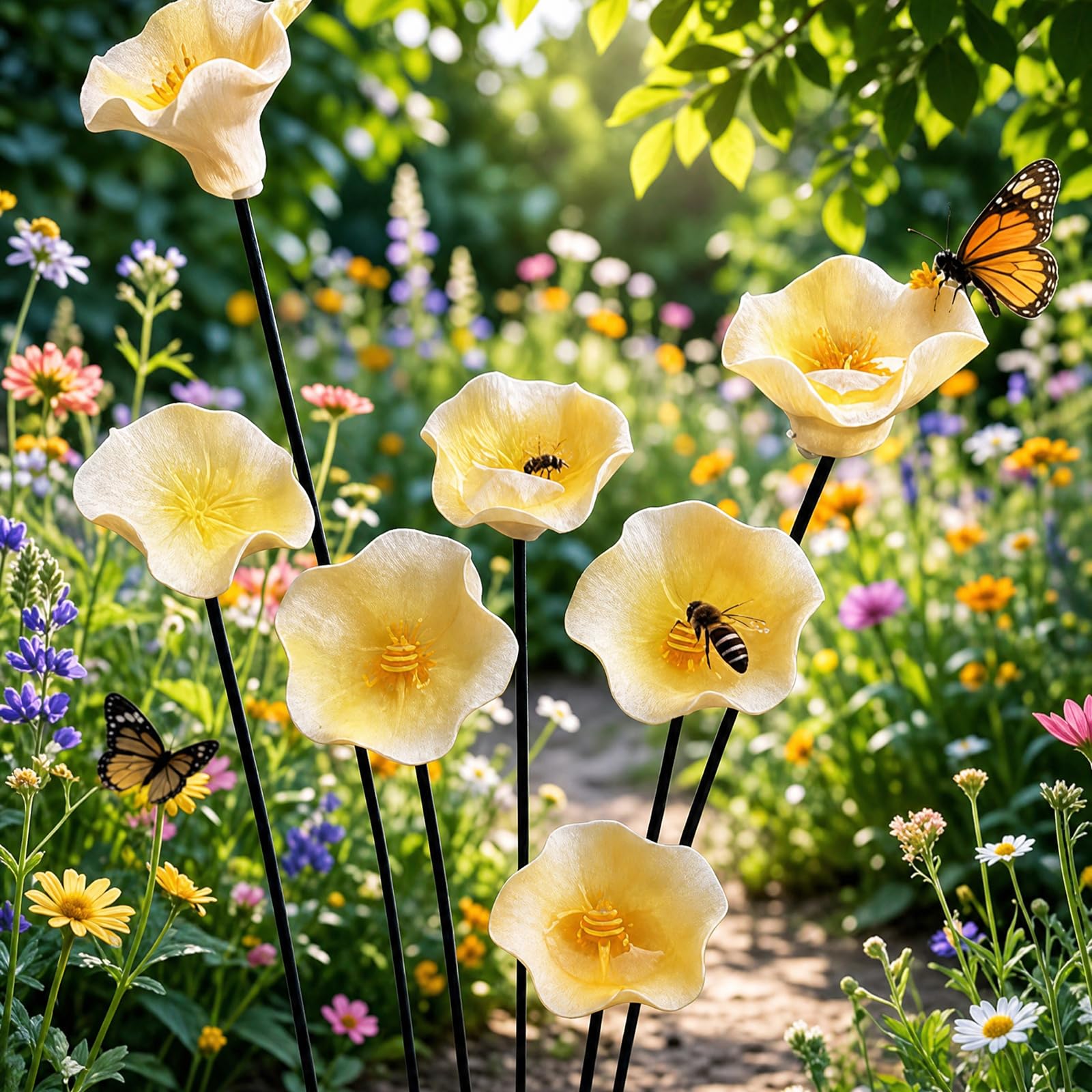 Handmade Ceramic Mini Pollinator Watering Station, Colorful Flower Bee Water Feeder & Butterfly Bird Bath, Weather-Resistant Small Outdoor Garden Stakes Yard Art Decor for Patio Lawn Balcony