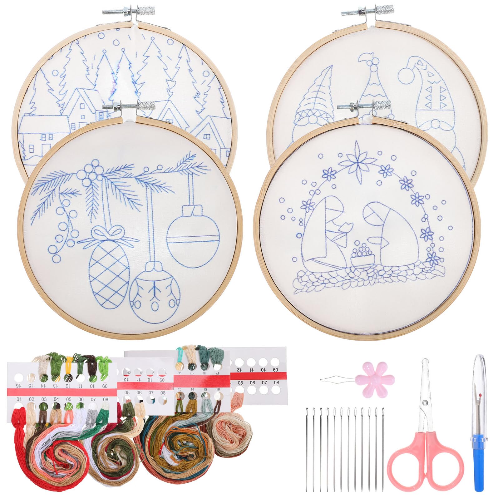 Homoyoyo Kit de Bordado Navideño para Principiantes 4 Aros de Bambú de 15 CM Telas de Lino y Algodón Incluye Tijeras Rosas Descosedor y Enhebrador Adecuado para Manualidades y