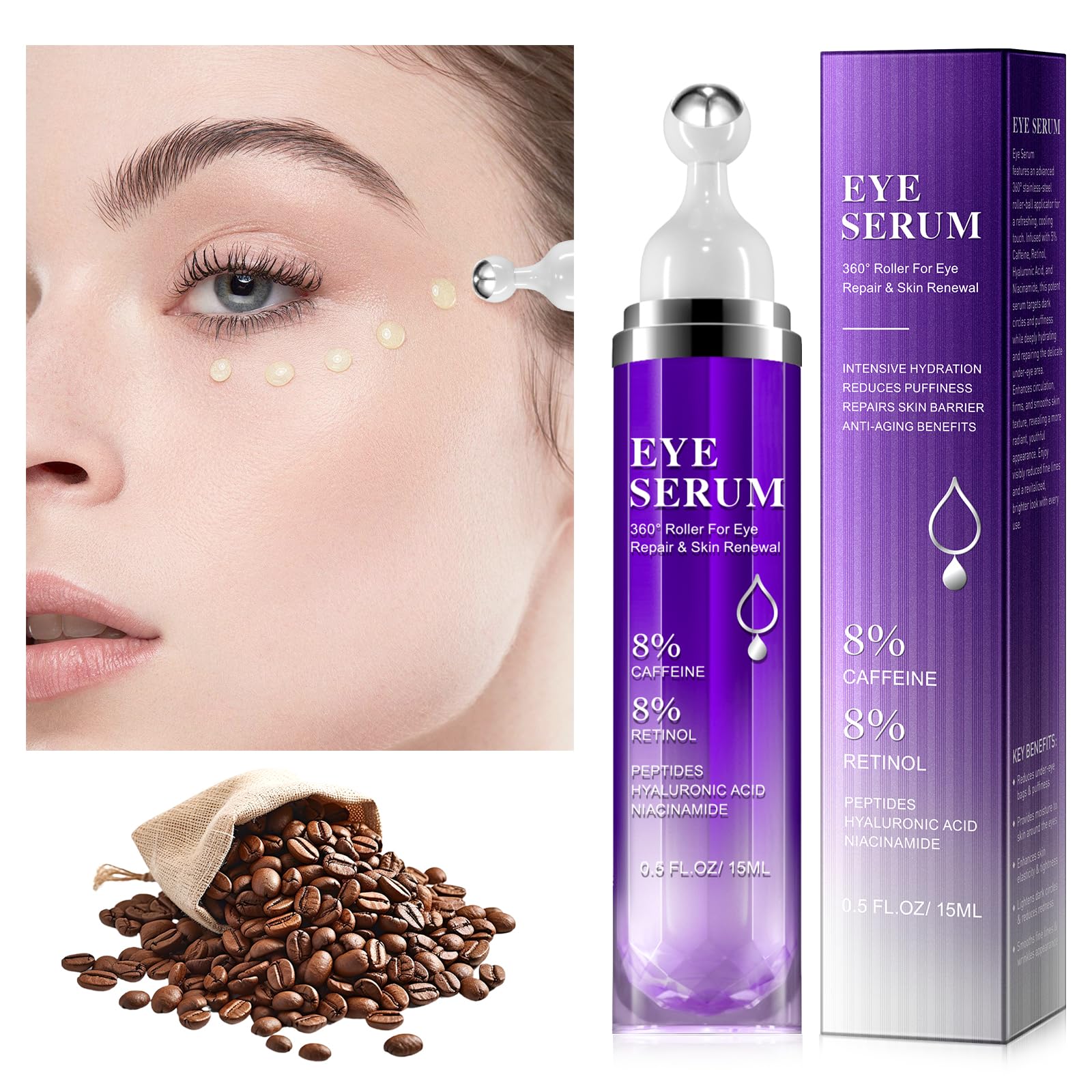 Siero per Contorno Occhi con 8% di Caffeina, Con 360° Roller Ball, Acido ialuronico puro e caffeina, Per Occhiaie e Borse, Rughe e Linee Sottili, 15ML