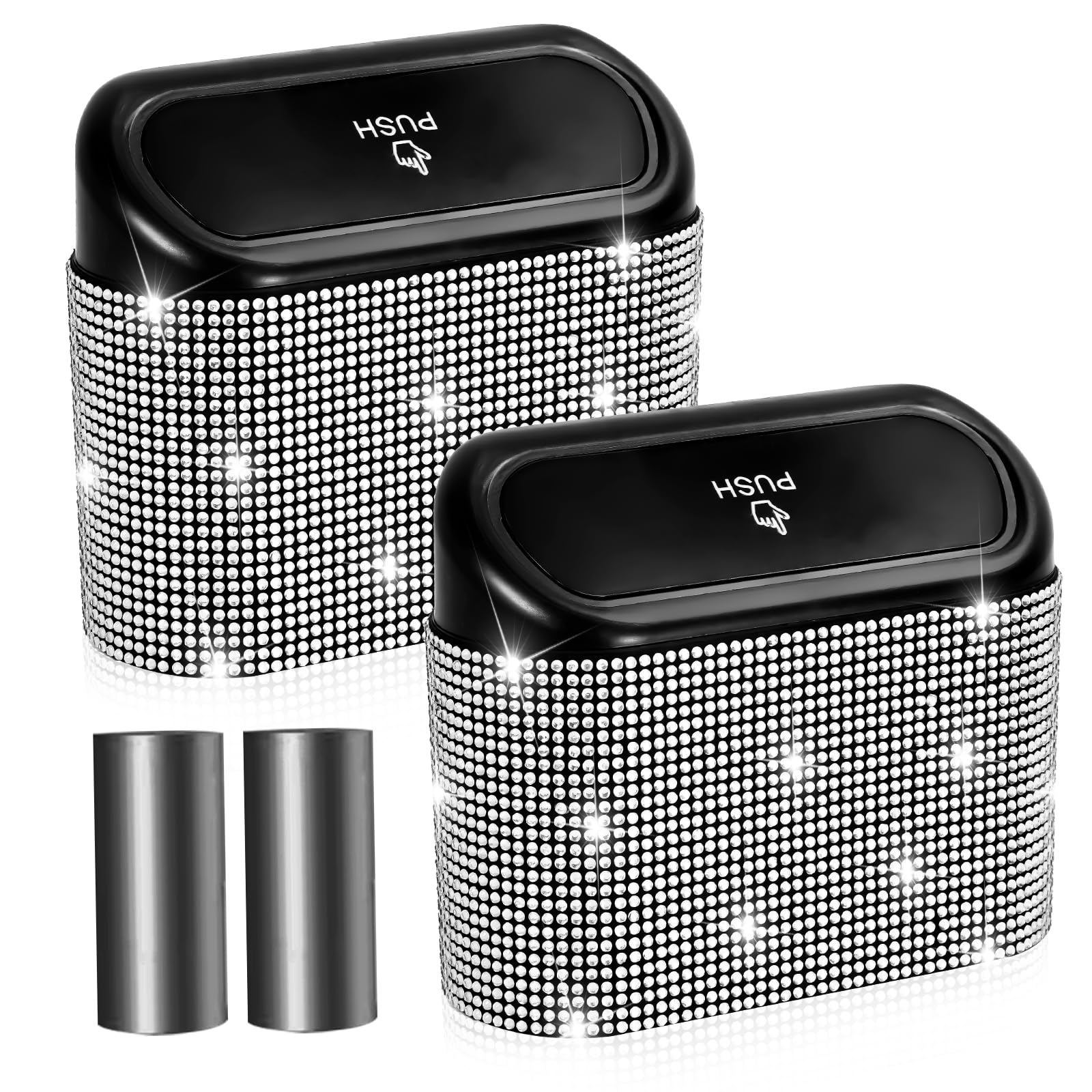 NBTEPEM Bling Car Trash Can with Lid - 2 Pack, Mini Auto Garbage Can with 60 Trash Bags, Automotive Garbage Container Bin, Bling Car Accessories Trash
