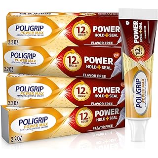 Poligrip Power Max Power Hold plus Seal Denture Adhesive Cream, Denture Cream for Secure Hold and Food Seal, Flavor Free - 2.2 oz (Pack of 4)