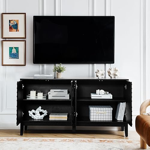 Miniatura 4 de Henf Mesa consola moderna de mediados de siglo de 60 pulgadas de largo con patrón geométrico y estantes ajustables, mesas rectangulares de madera