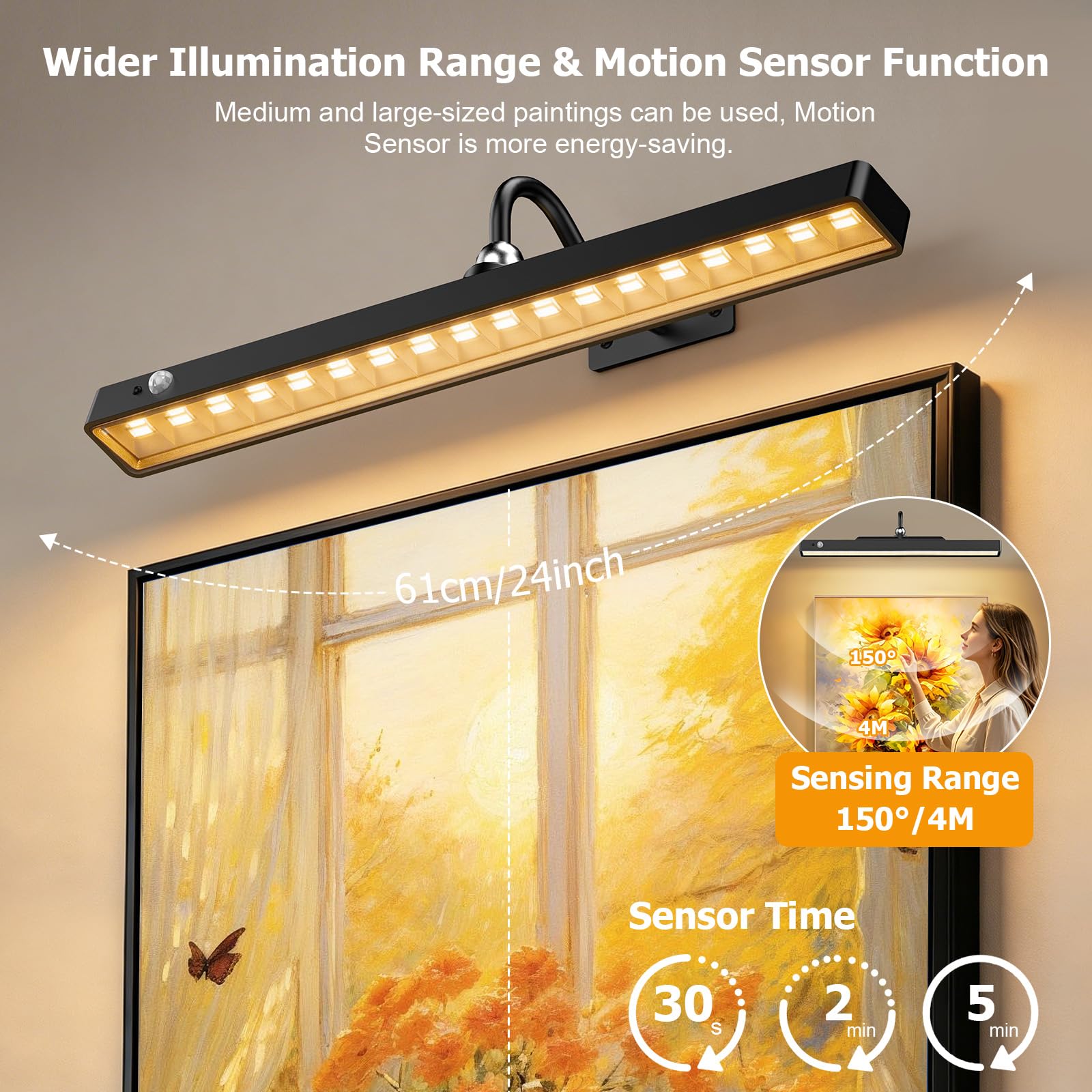 40CM Lampara Pared Sin Cable, 6000mAh recargable aplique espejo baño, Luz Inalambrica para Cuadros con Mando a Distancia 3 temperaturas ensor movimiento, para Sala de Estar Pasillo pinturas Intensidad