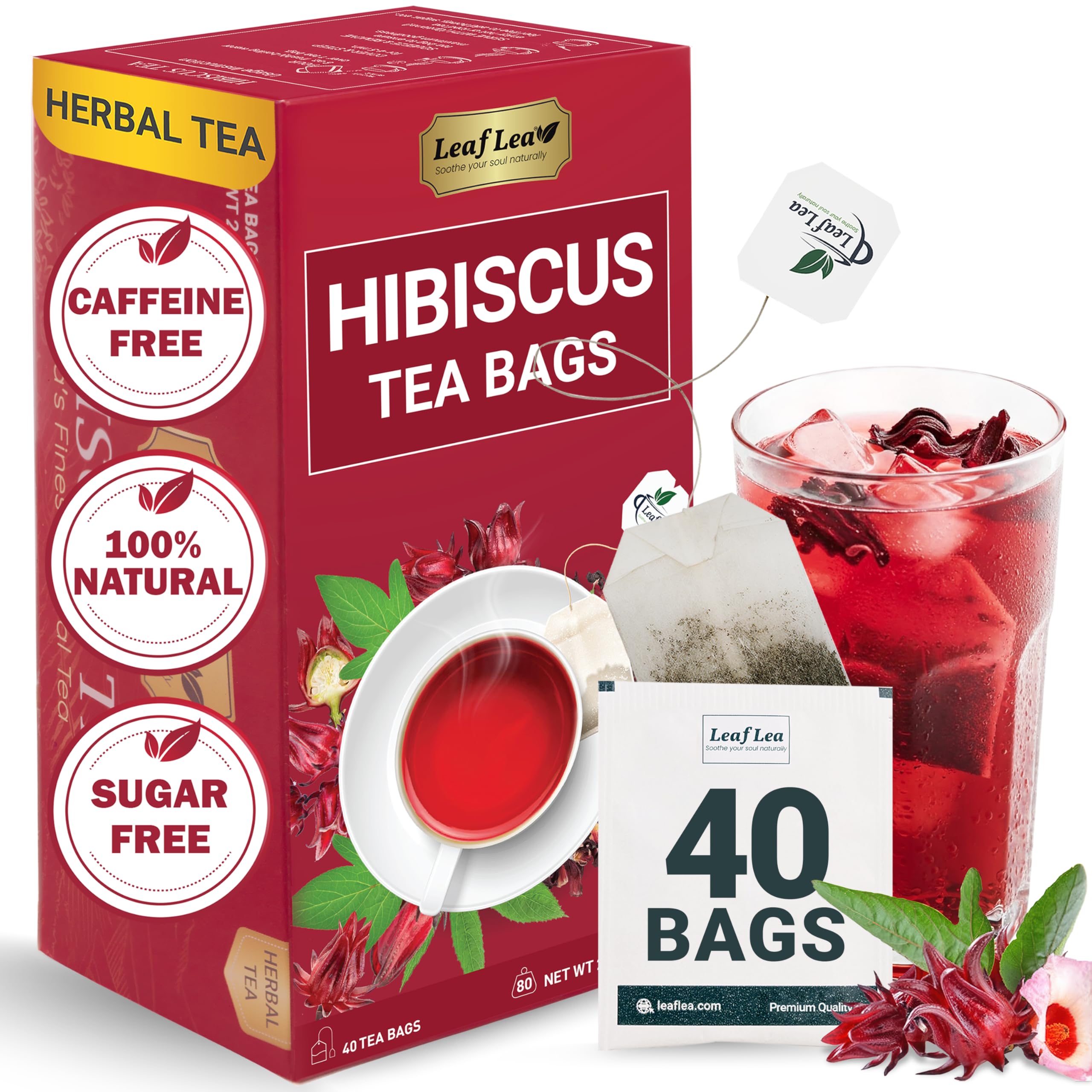 40 Premium Natural Hibiscus Tea Bags, 100% Pure from Hibiscus Flowers, Caffeine-Free Herbal Tea, Hibiscus Flower Tea Rich in Natural Goodness and Flavor, No Sugar, Gluten-Free, Vegan