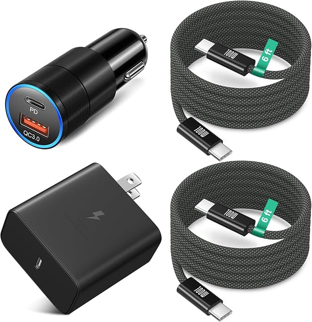 45W Chargeur Super Fast Type C pour Samsung Galaxy S26 Ultra, USB et USB C Chargeur de voiture avec 2X 6ft Corde de charge rapide tressée pour Galaxy S25 Ultra S24 S23 S22 Tabulaire S10 S11 - noir