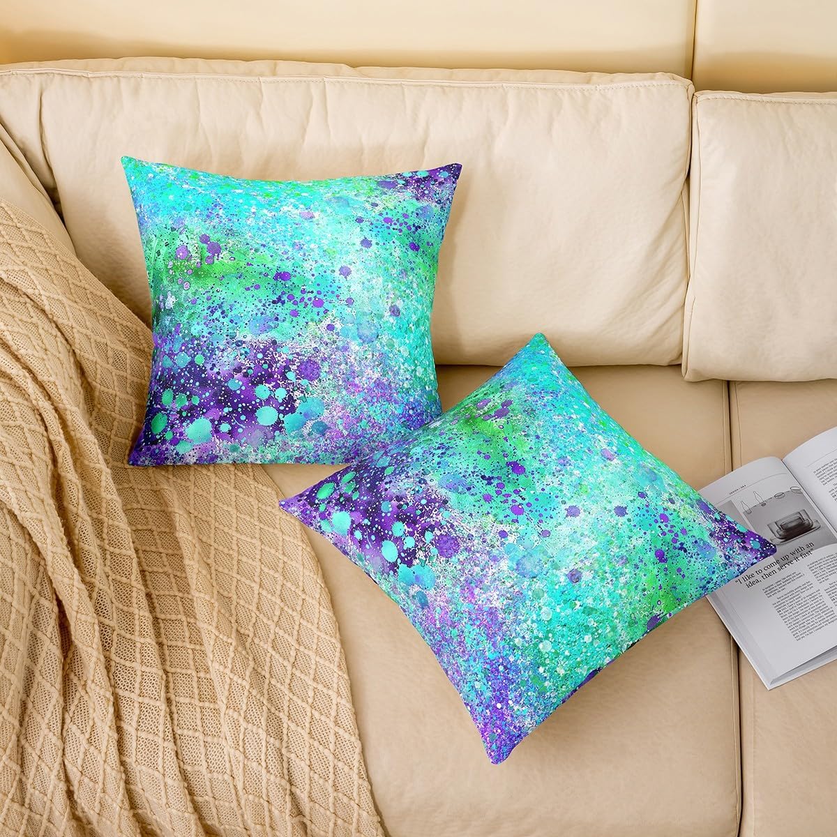 Feelyou Abstract Purple Teal Throw Pillow Covers, 1 Pcs, 24x24 Inches, Tie Dye Decorative Pillow Cover, Abstract Art Painting Pillow Cases, Modern Cushion Cover for Sofa Couch Bed Living Room
