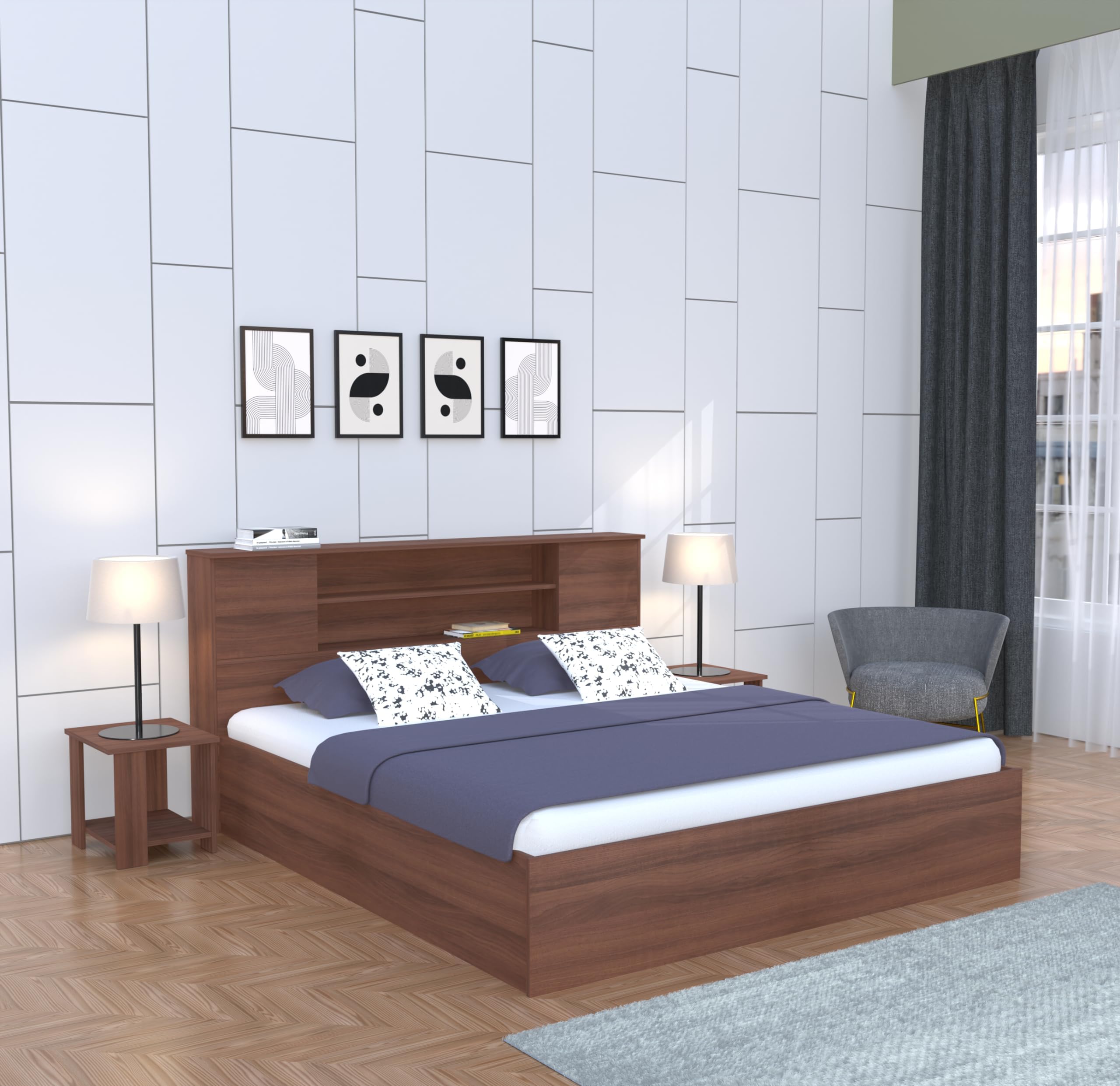 Amazon Brand - Solimo Rendes King Size Engineered Wood Bed with Headboard Storage (Asian Walnut ...