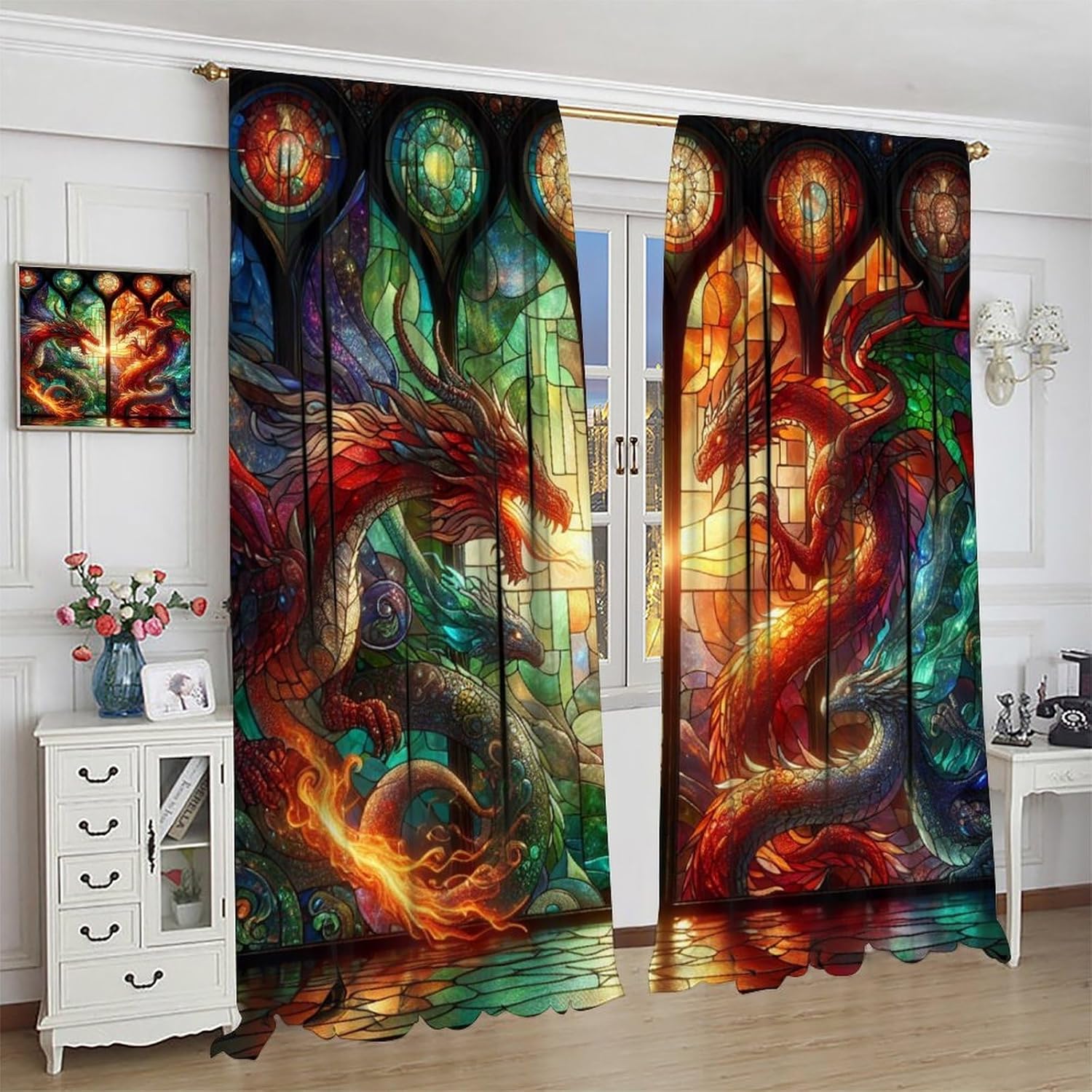 Western Dragon Kids Window Curtains, Stained Glass Green Red Dragon Natural Window Treatments for Boys Girls Bedroom Game Room Window Drapes 42" W X 45" L
