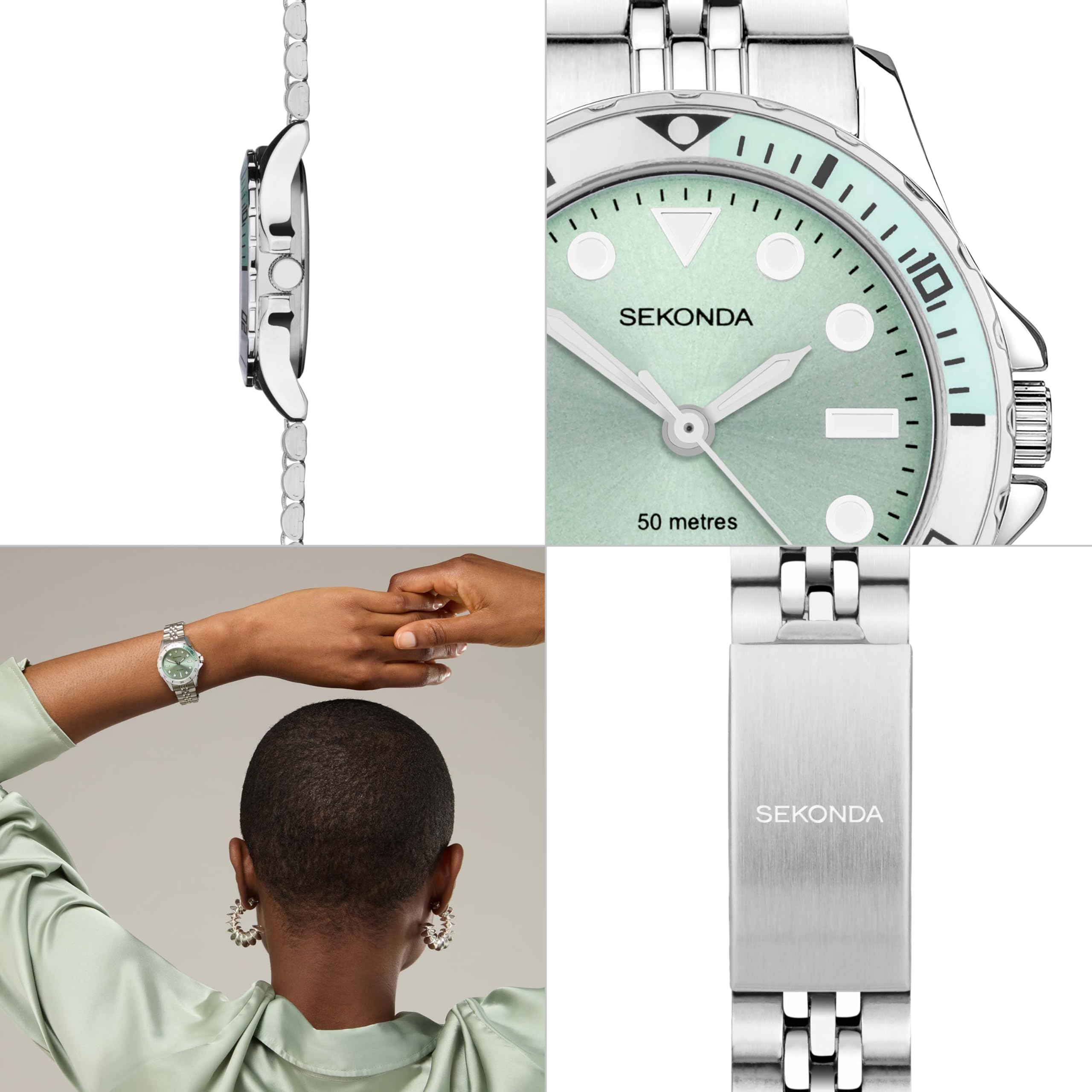 Sekonda Balearic damski zegarek kwarcowy 33 mm w kolorze zielonym z wyświetlaczem analogowym i srebrnym paskiem ze stali nierdzewnej 40565