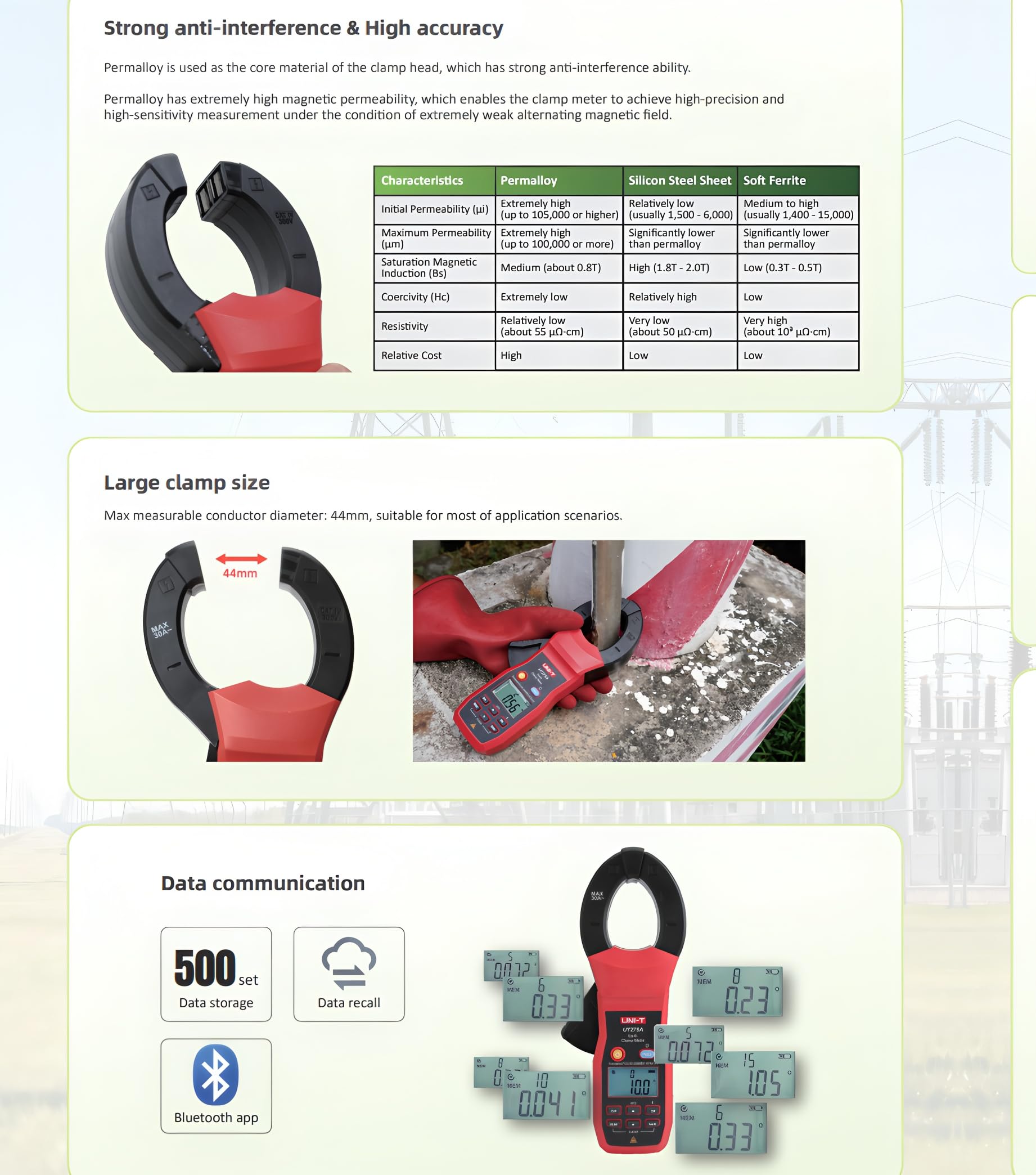 Probador de resistencia a tierra con pinza UNI-T UT272A – 0,010Ω-400€, diseño con pinza, registro de 500 datos