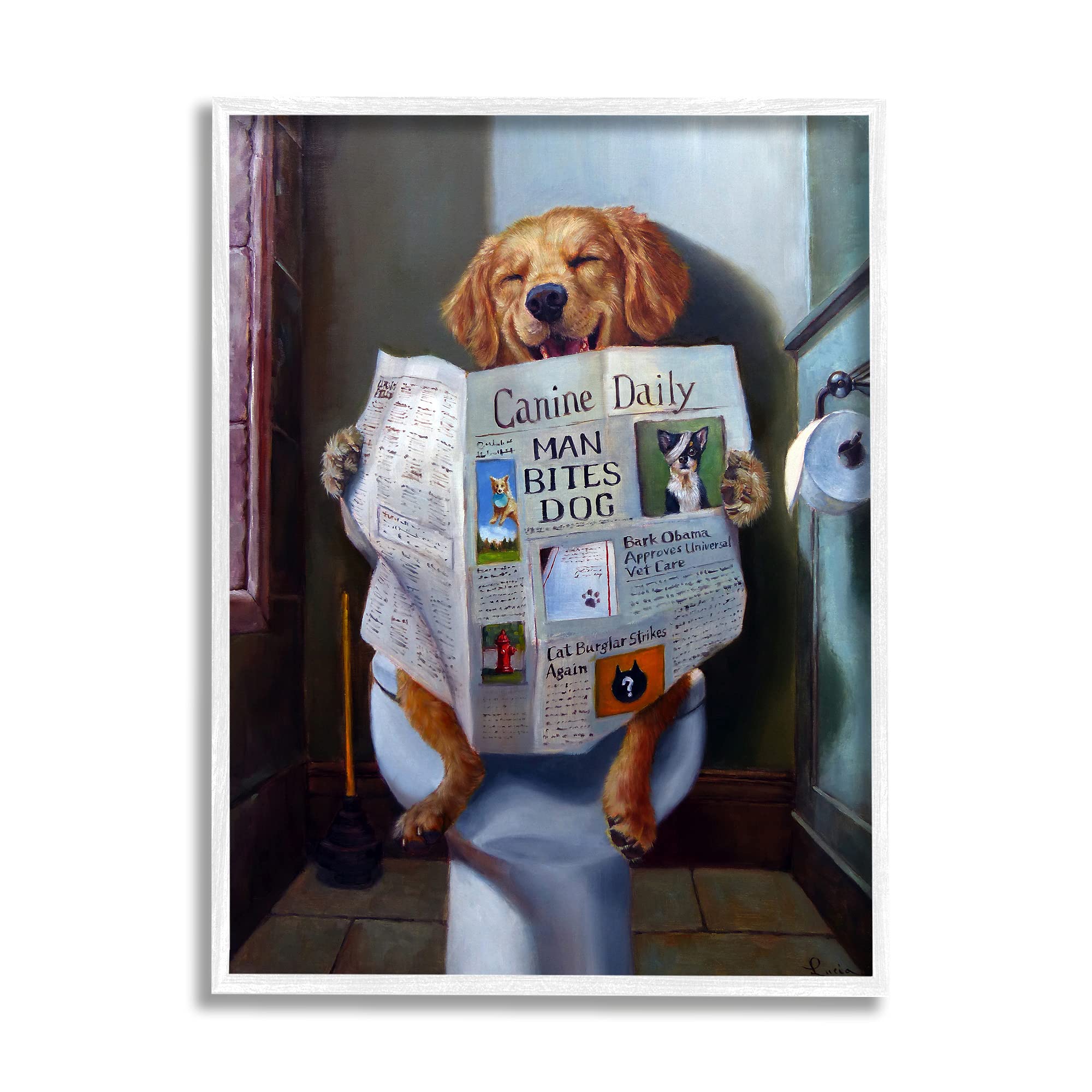 Funny Dog Bathroom Comic, 11 x 14 Inch Framed Giclée Print