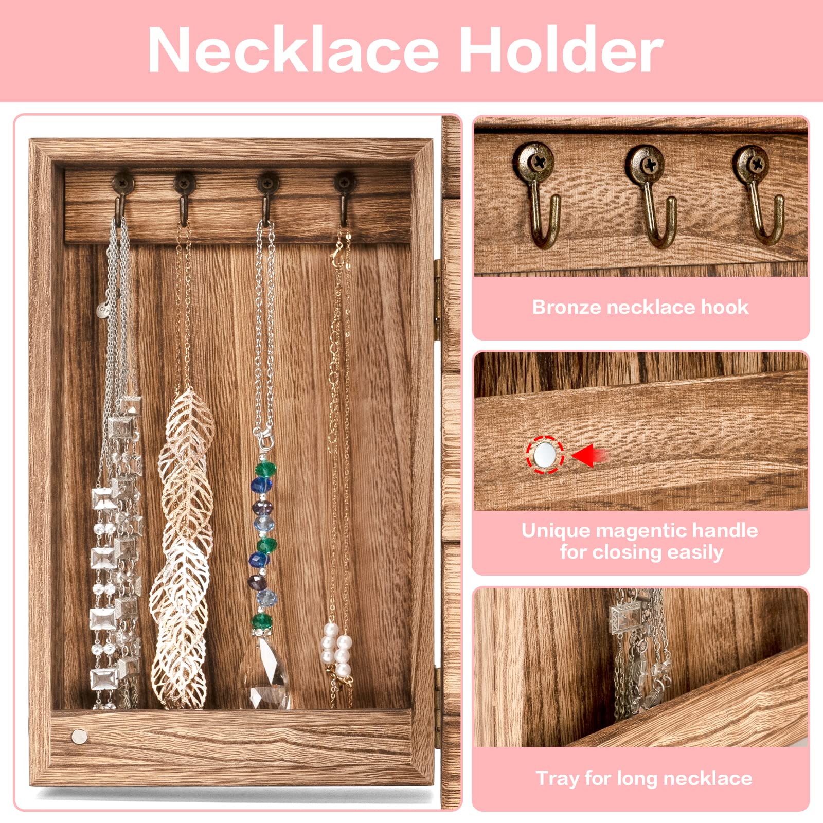 Joyeros Mujer Organizador, Grande Organizador Joyas Madera con Espejo, Joyero Gran Capacidad con Cajón de 4 Capas, Joyero Mujer para Collares, Pendientes, Anillos, Pulseras (Marrón Rústico)