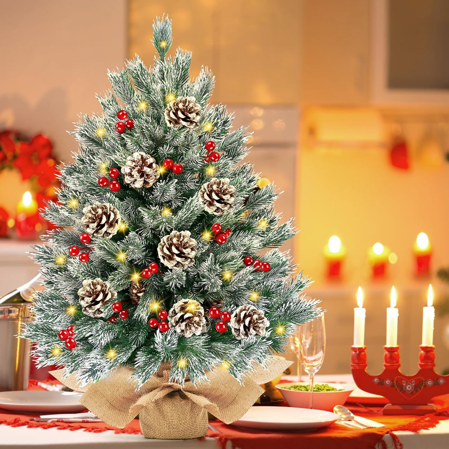 [ 8 Modes & Timer] 24 Inch Realistic Snowy Tabletop Christmas Tree Small Christmas Tree with 50 Warm Lights Battery Operated Red Berries Pine Cone Burlap Base Indoor Home Table Christmas Decorations