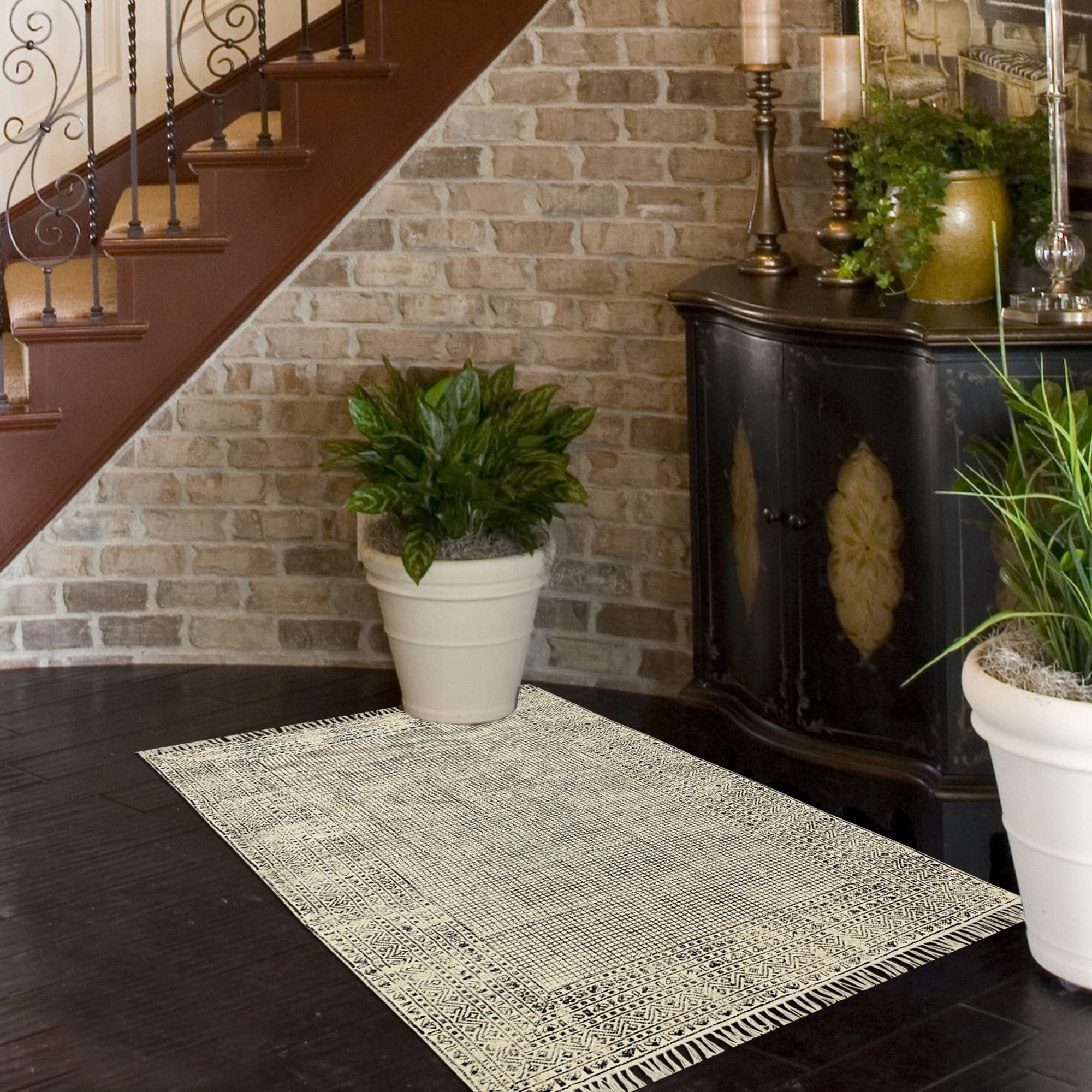 Tapis dhurrie indien tissé main en coton haut de gamme gris noir