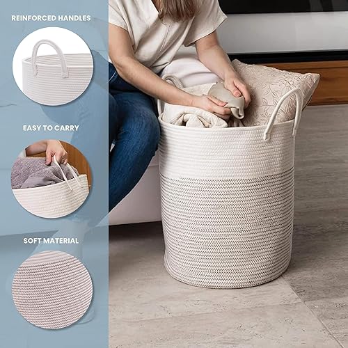 Miniatura 87 de OrganiHaus - Canasta tejida extragrande de cuerda suave de algodón para mantas de sala de estar, para almacenamiento, lavandería, guardería