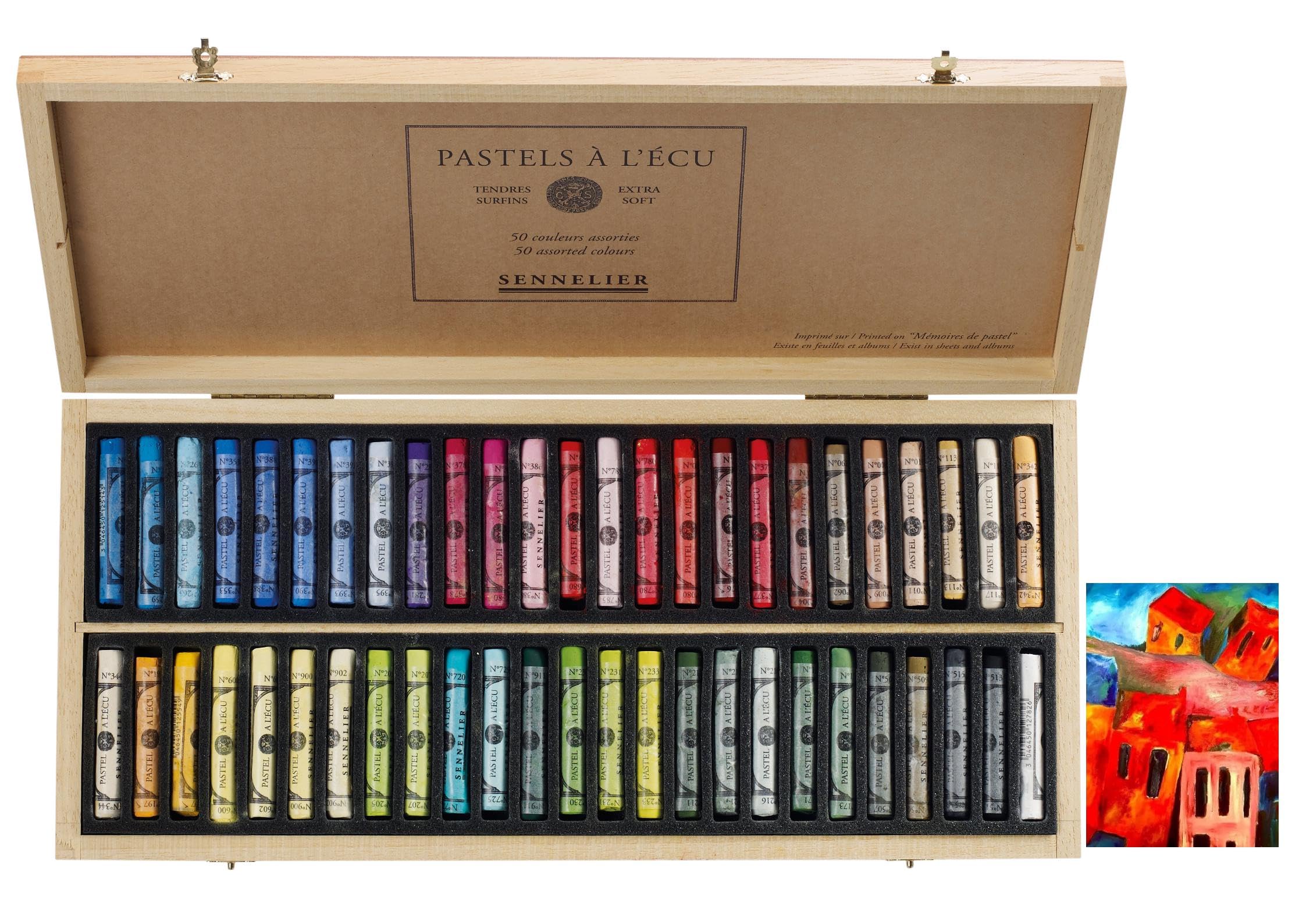 Sennelier 50 pastels secs Coffret en bois pastels tendres à l'écu et 1 carte