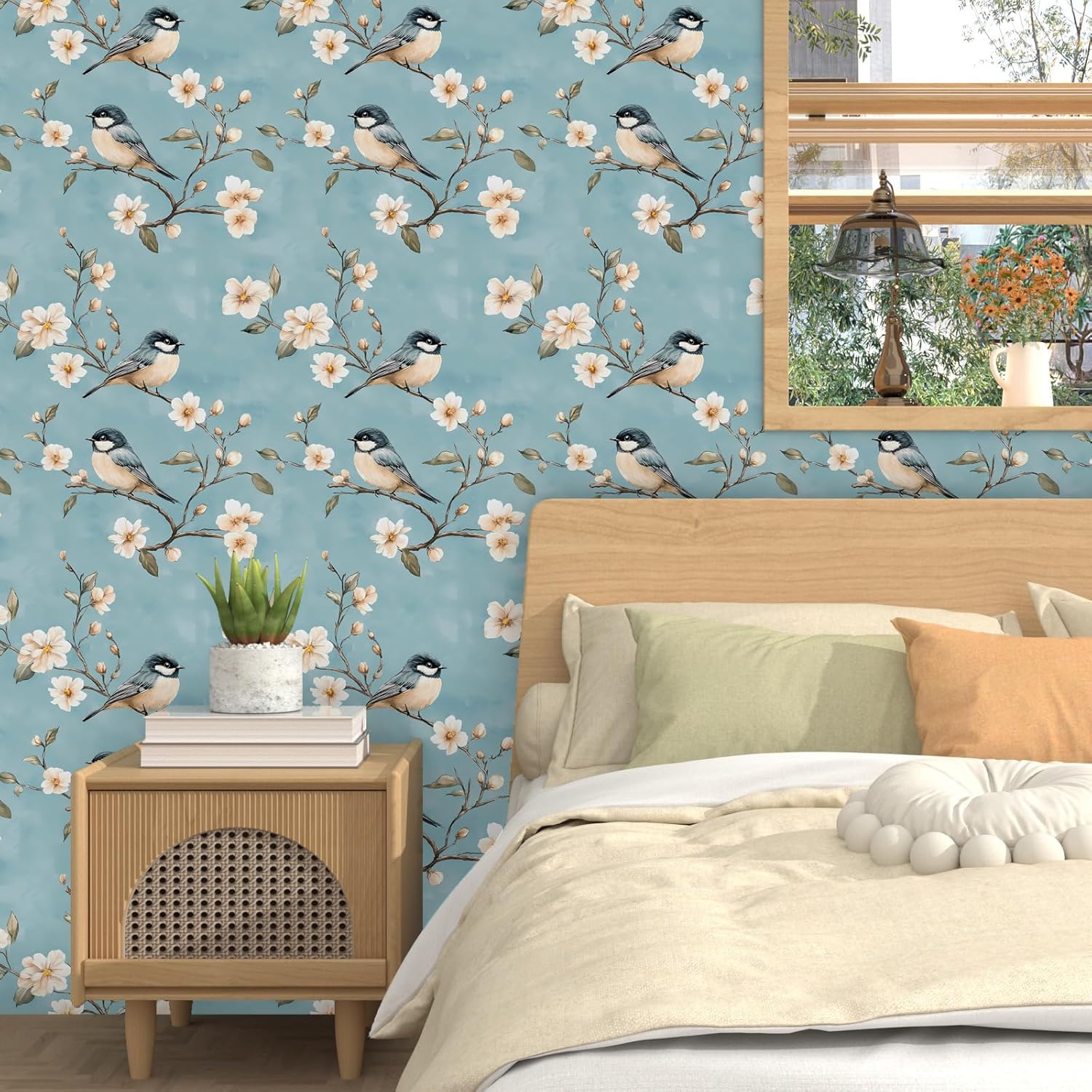 Bird Wallpaper Peel and Stick, Vintage Sky Blue/Beige Floral Contact Paper, Retro Botanical Wall Paper 17.5" x 118" Self Adhesive Removable Waterproof for Bedroom Walls Shelves Cabinet Drawer Table