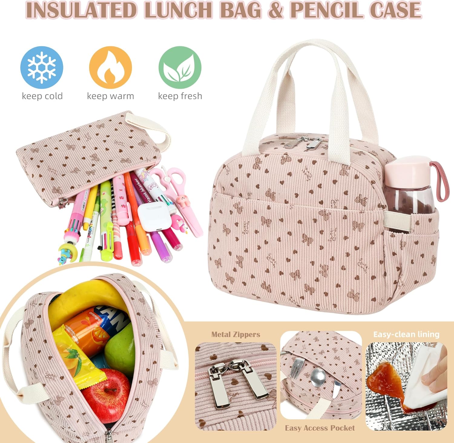 Hidds School Backpack with Lunch Box for Teens Girls Women 15.6 Inch Laptop College Backpacks with Lunch Bag Bookbag Set Corduroy Kids Elementary Middle High Bag Students Daypack - Pink Bowknot Set - Image 6