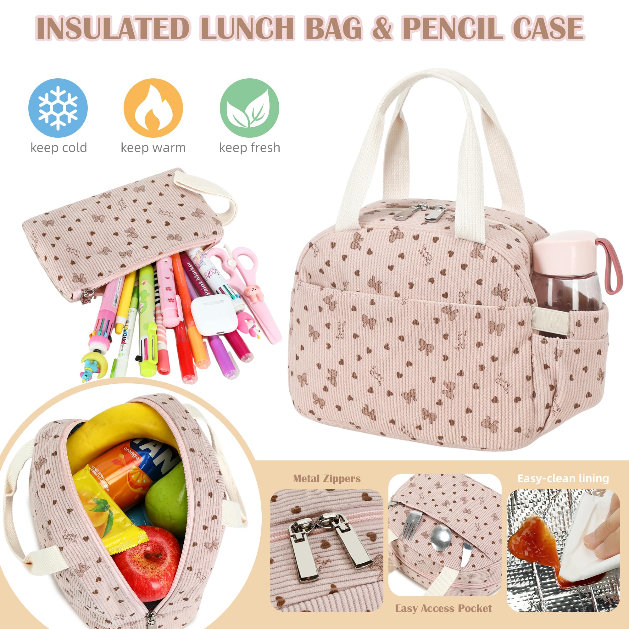 Hidds Schulrucksack mit Lunchbox, Laptop-College-Rucksäcke, Cord, Studenten, Büchertasche mit Lunchtasche für Teenager, Mädchen, Frauen