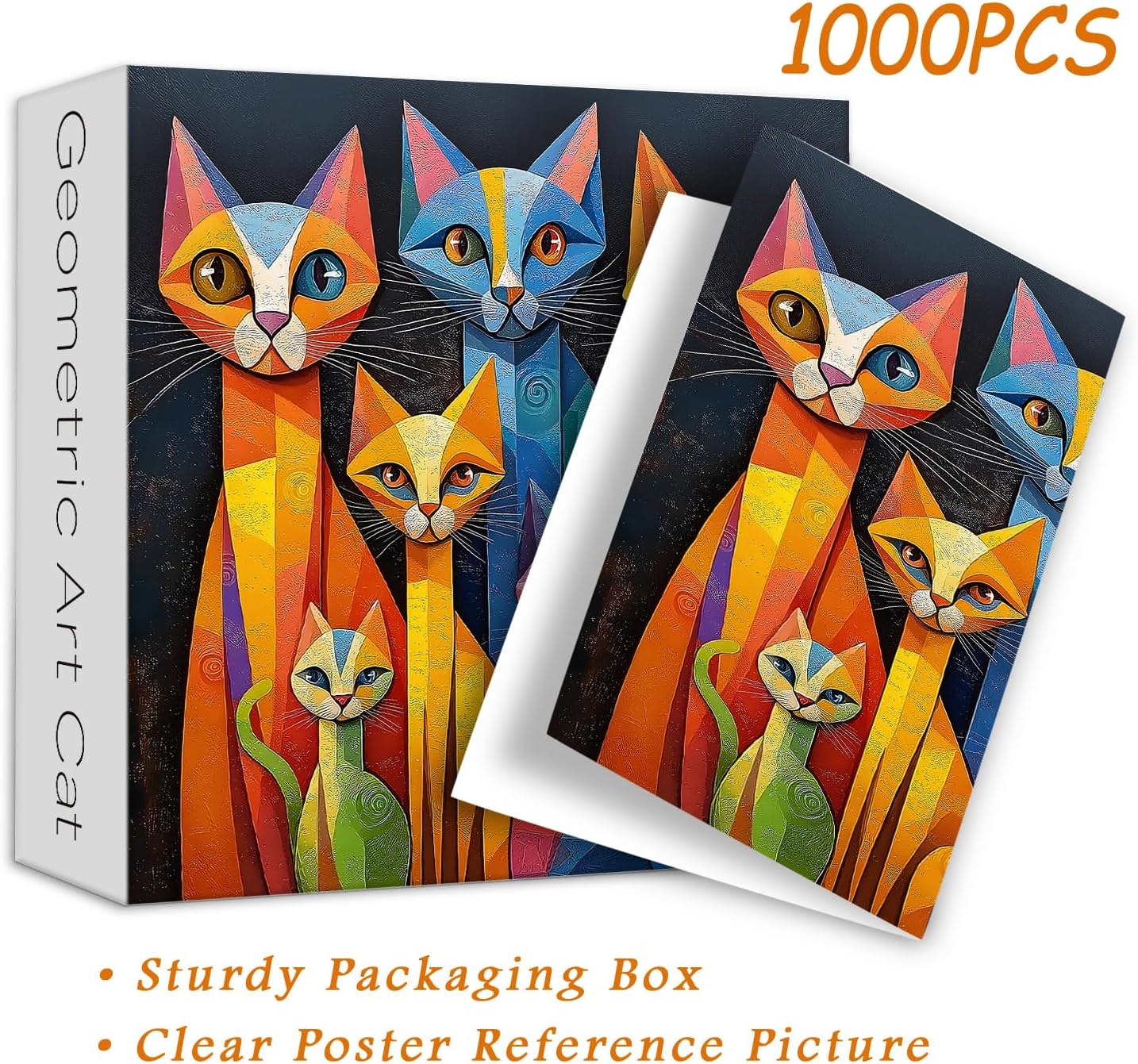 PICKFORU Geometric Art Cat Jigsaw Puzzles 1000 Pieces, Gradient Animal Puzzles for Adults, Impossible Hard Unique Kitten Puzzle