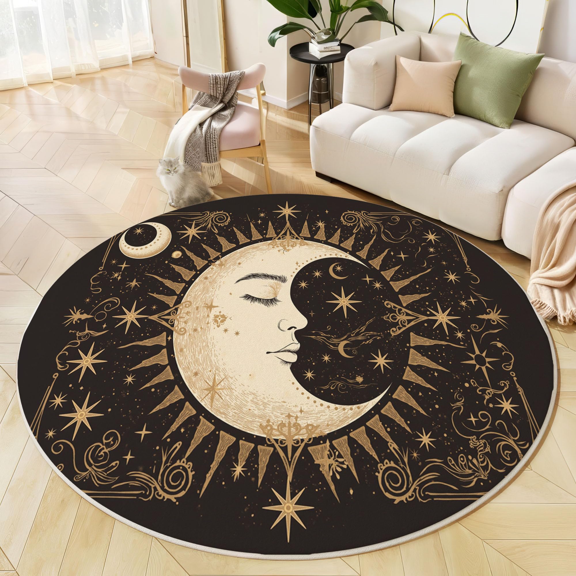 Tapis rond antidérapant et lavable 200 cm poil ras doux or et noir