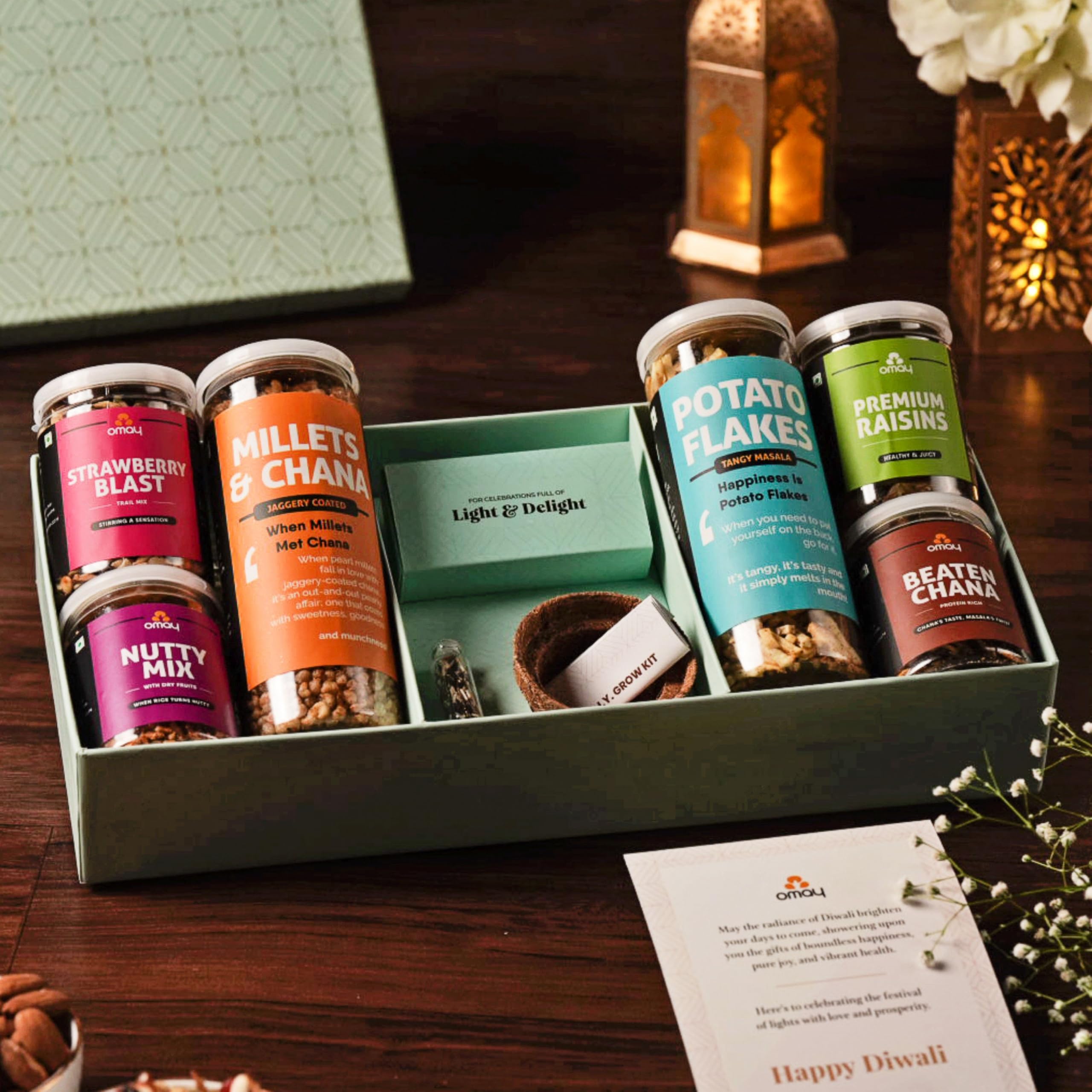 Omay Foods 9 Pcs_Green Diwali Gift Box l Premium Diwali Gift Hamper l Healthy Snacks, Roasted Dry Fruits, Chocolates l Candles, Diya l Diwali Gifts l Corporate Diwali Gifts Hamper l Healthy Gift Hamper l Premium Gifts I Festive Hamper (B0C3ZW3GWD) Amazon Price History, Amazon Price Tracker