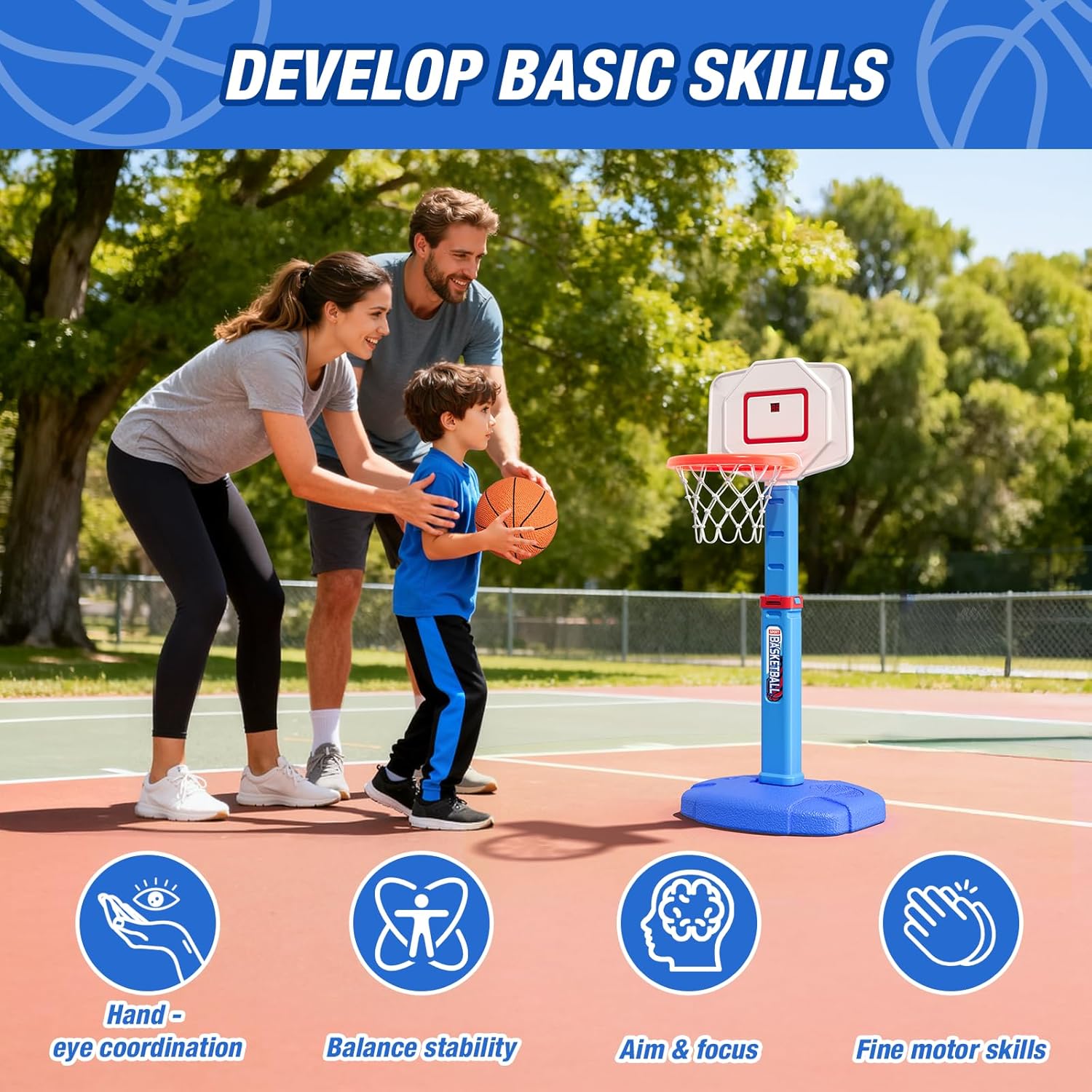 HYES Toddler Basketball Hoop with Electronic Scoreboard/LED Rim/3 Balls, Adjustable Height Indoor Mini Basketball Hoop for Kids 1-3, Outdoor Poolside Sport Toy, Birthday for Boys Girls