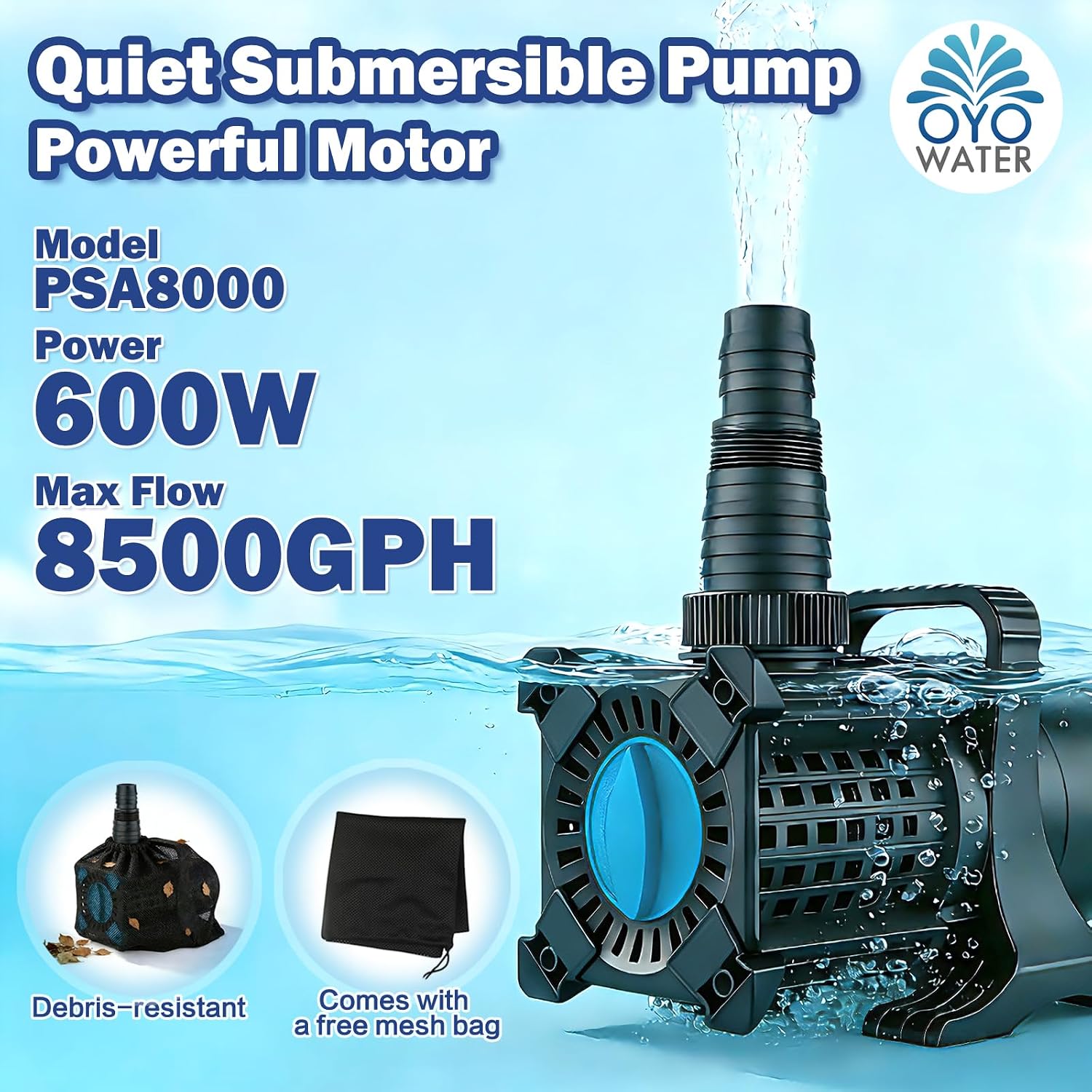 OYO WATER UL-Listed 600W 8000GPH Heavy Duty Submersible Adjustable Pond Pump with 20.3ft Cord, Submersible & External Water Pump for Large Ponds, Agriculture Irrigation, Clog-Free with Barrier Bag