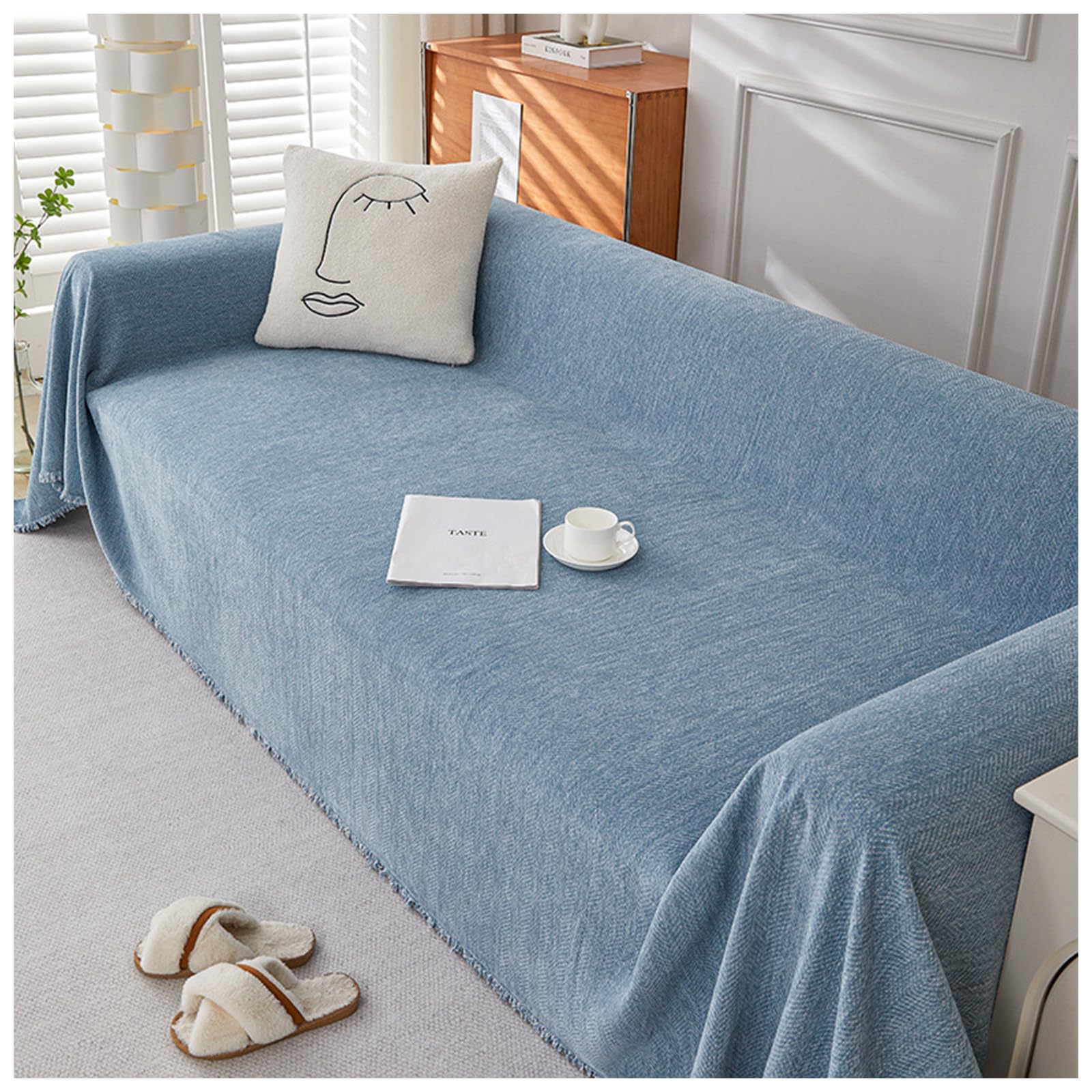 Chenille Blanket Herringbone Tassel Sofa Cover, Throws for Sofas Large for L/U Shaped 1 2 3 4 Seater Combination Corner Sofa, Washable Anti-slip Dirt-Repellent Anti-Wrinkle (Blue-B,180x230cm)